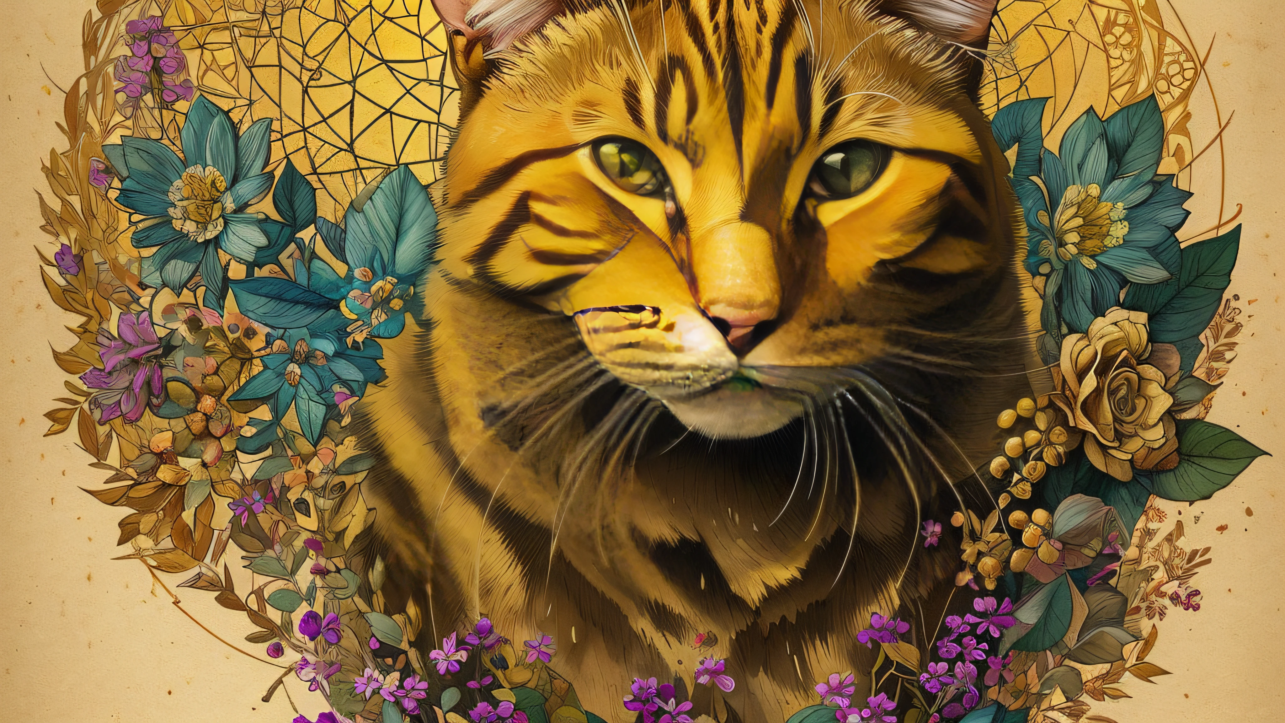 Cute European shorthair cat red in a Victorian cup, beautiful flowers around, bright, colorful, saturated, vintage, "art style that combines the elegance of line art with the vibrancy of watercolor wash. The artwork is highly detailed, with sharp focus and smooth transitions. The overall feeling is dynamic and highly polished, influenced by the works of Carne Griffiths, Wadim Kashim, and Carl Larsson. In the style of Carne Griffiths (for his intricate and flowing line work), Wadim Kashim (for his bold use of color and texture), Carl Larsson (for his light and airy compositions), and Pascal Blanche (for his hyper-realistic character designs and matte painting techniques). . The camera angle is dramatic and expressive, with the artwork capturing the essence of a matte painting concept art. The golden ratio is used to create balanced compositions, and the overall feeling is highly polished and elegant. This style is perfect for a production cinematic character render or an intricate artwork masterpiece, trending on CGSociety and Artstation., trending on artstation, sharp focus, studio photo, intricate details, highly detailed, by greg rutkowski