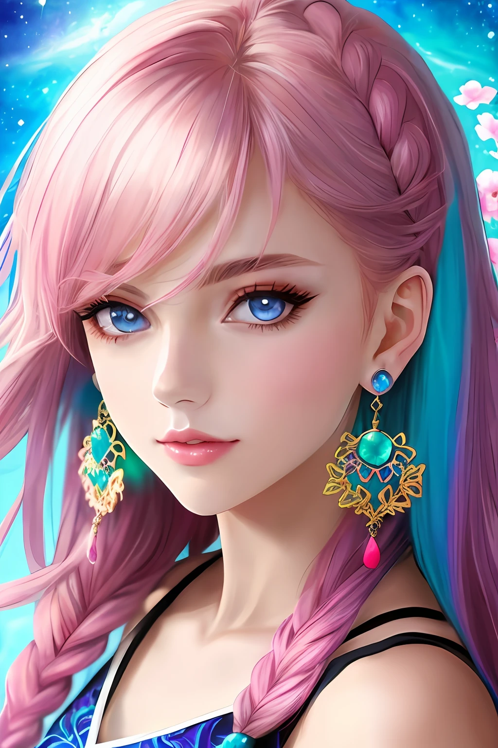 Close-up of a person with long hair and colorful hair, colorful braids, pink double-tailed hair and cyan eyes, anime style 4 K, beautiful anime style, anime girl with cosmic hair, anime art style, young anime girl, beautiful anime art style, anime style. 8k, long-haired anime girl, beautiful anime girl, beautiful anime portrait (masterpiece, top quality, best quality, official art, beauty and aesthetic: 1.2), (1girl: 1.3), very detailed, (fractal art: 1.1), (color: 1.1) (flowers: 1.3), most detailed, (zentangle: 1.2), (dynamic pose), (abstract background: 1.3), ( Chinese dress:1.2), (shiny skin), (many colors:1.4), ,(earrings:1.4),
