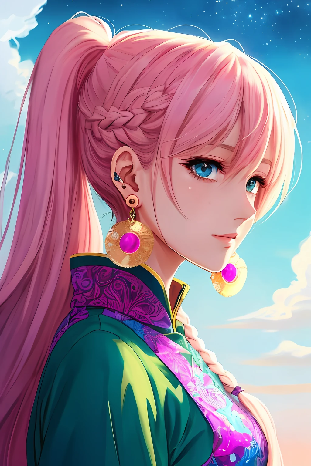 Close-up of a person with long hair and colorful hair, colorful braids, pink double-tailed hair and cyan eyes, anime style 4 K, beautiful anime style, anime girl with cosmic hair, anime art style, young anime girl, beautiful anime art style, anime style. 8k, long-haired anime girl, beautiful anime girl, beautiful anime portrait (masterpiece, top quality, best quality, official art, beauty and aesthetic: 1.2), (1girl: 1.3), very detailed, (fractal art: 1.1), (color: 1.1) (flowers: 1.3), most detailed, (zentangle: 1.2), (dynamic pose), (abstract background: 1.3), ( Chinese dress:1.2), (shiny skin), (many colors:1.4), ,(earrings:1.4),