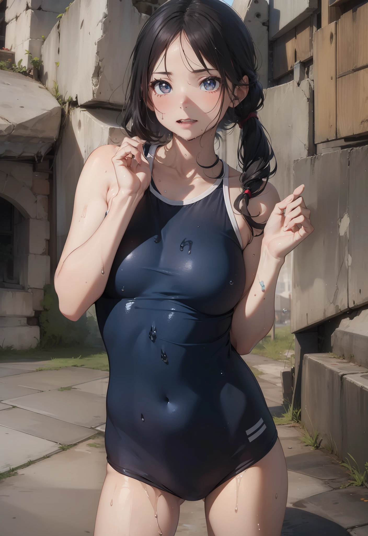 ((top-quality))、((​masterpiece))、1girl in、Formal-up、beautiful detailed eyes and face、pretty skin、a very cute、22year old、School swim wear(Dark blue color、Simple design、Matte texture、Wrinkle、Wet、Polyester material、A black、shadings、)Wet body、Anime Face、Beautie、Facing the front、big eye(Beautiful fece、Anime Face、Clear eyes、Fine details、beautidful eyes)Well-formed face(Beautiful nasal muscles、Perplexed、sharp mouth)full of sweat、sodden、Wet feeling、Background with(sunny sky、takeout)、8K picture quality、perfectly proportions、A slender、red blush、female focus on, hair adornments,length hair, Look at viewers,