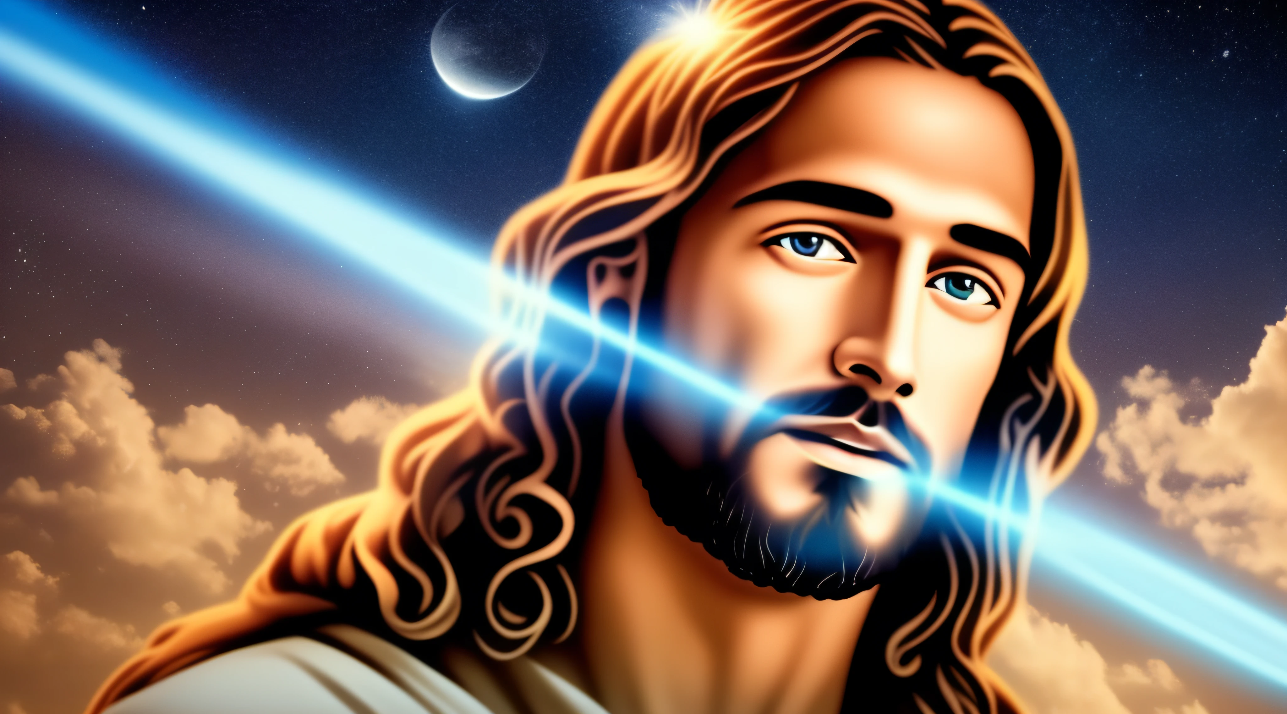 Jesus floating in the air on top of clouds with a light shining brightly on his face (ultra realistic, ultra quality)