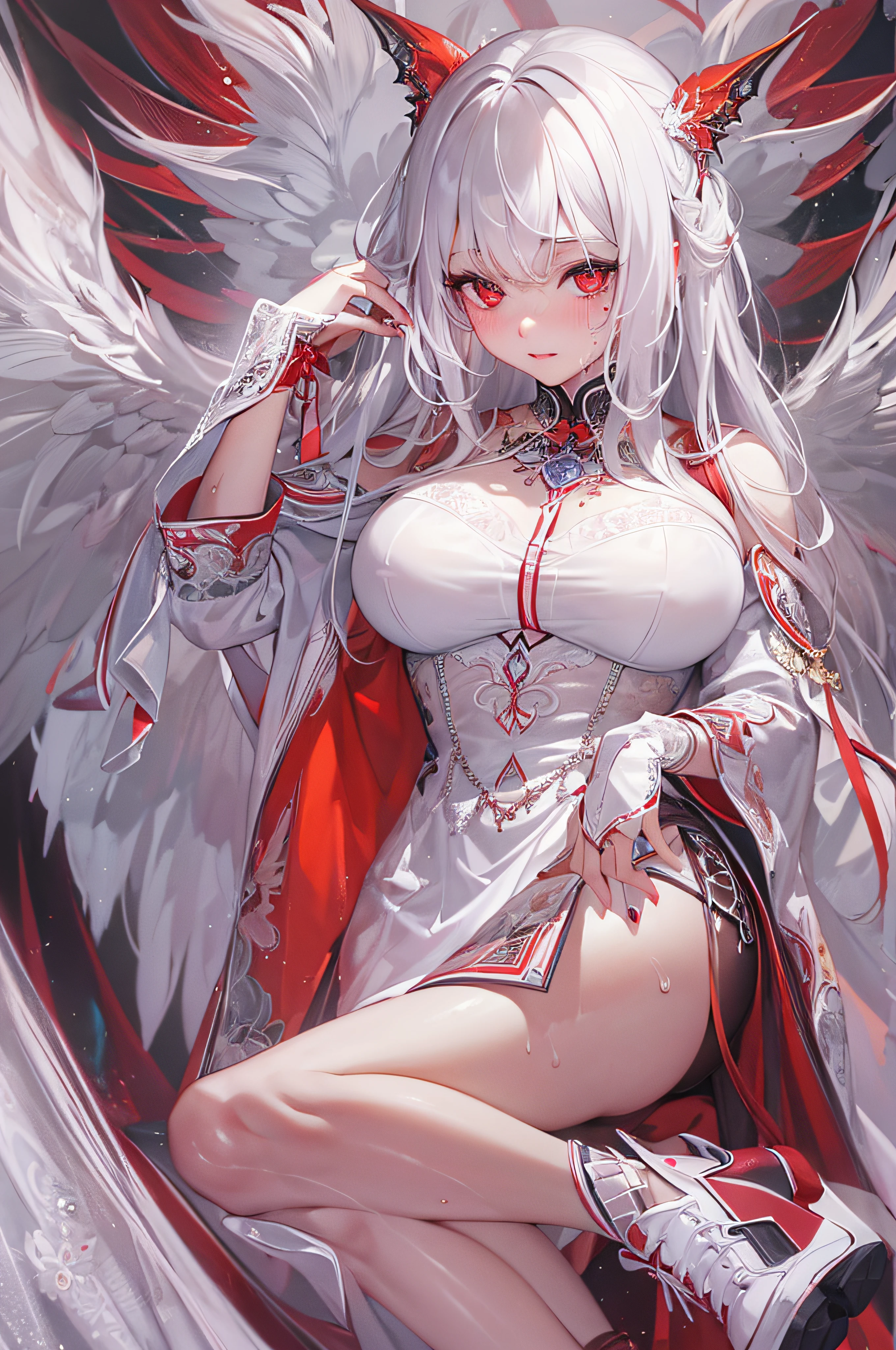 (masterpiece, top quality, best quality, official art, beautiful and aesthetic:1.2), (1girl:1.3), (fractal art:1.3),absurd, masterpiece, best quality, realistic, hyper-detailed, (shiny skin, sweaty:1.4), looking at viewer, slender, 1girl, solo, white sneakers, white miniskirt, straight long hair, princess cut, white hair, red eyes, (thick thighs:0.5), dynamic lighting, high resolution, sharp focus, depth of field, medium breasts, side boob, vampire, masterpiece, best quality, ultra-detailed, illustration, ultra-detailed face, best quality face, evil, 18 years old, adult, 1girl, 18 years old, white hair, alchemy outfit, intricate detailed outfit, sexy pose, glowing red dress, cute, kawaii, digital art, finely detailed eyes, blushing, red cheeks
