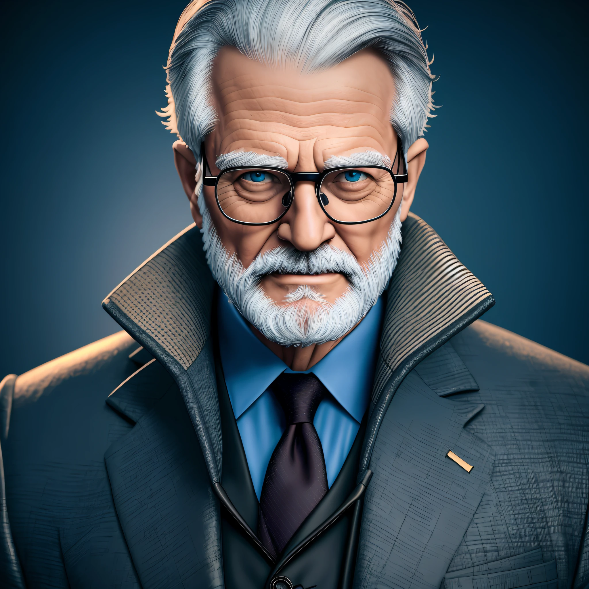 there is a man with a beard and glasses wearing a suit, 3d render senior artist, Epic portrait illustration, retrato de alta qualidade, retrato detalhado do caractere, retrato da arte do personagem, Velho cyberpunk, retrato de personagem de closeup, retrato headshot do personagem, retrato do homem velho, retrato do design do personagem, closeup retrato de personagem, Retrato do Professor Sinistro, Velho com bigode, Personagem altamente detalhado