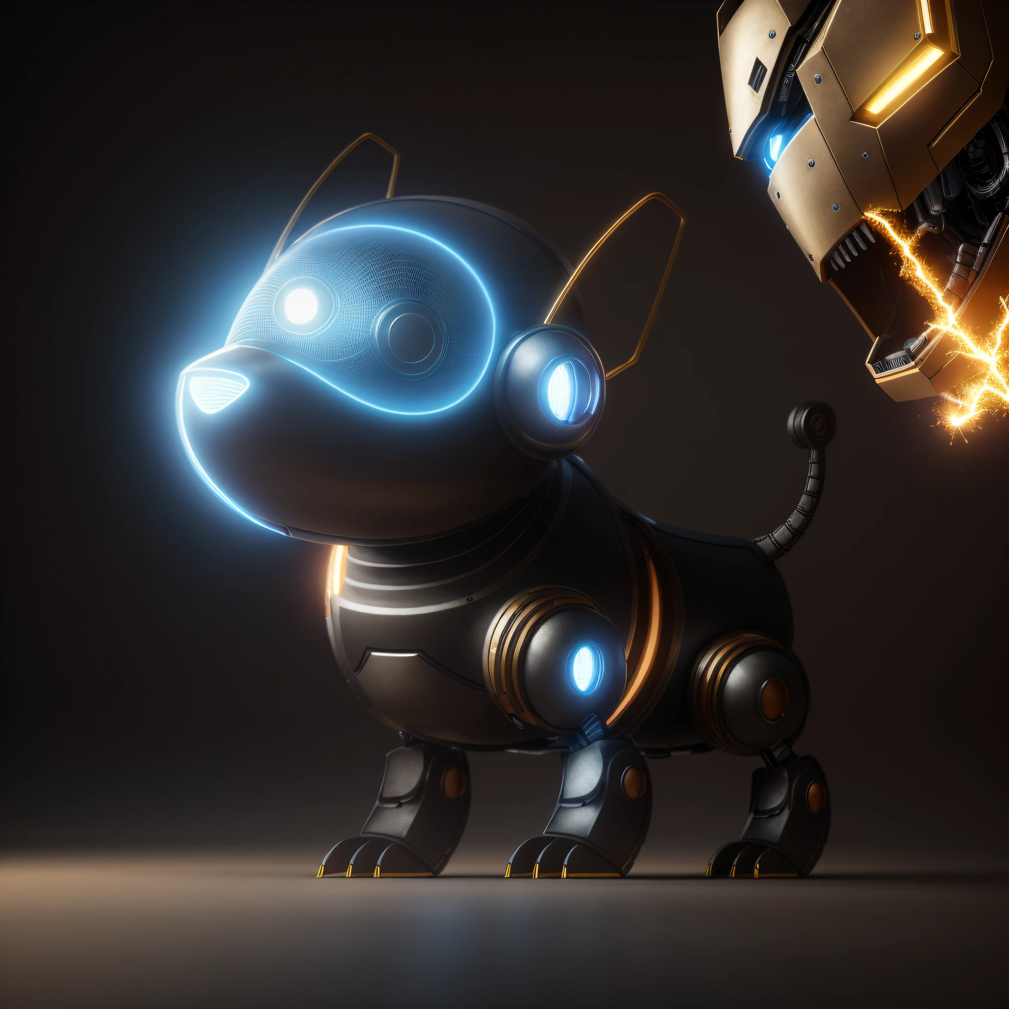 a 3D render, CGI, 对称, rendering by octane, 35mm, complexdetails, HDR, complexdetails, ultra - detailed, Natural skin texture, ultra-realistic realism, sharp, Mechanical dog close-up,blueglow, spark of light, electricity, blasts, movie atmosphere,Costume de mecha,droid,