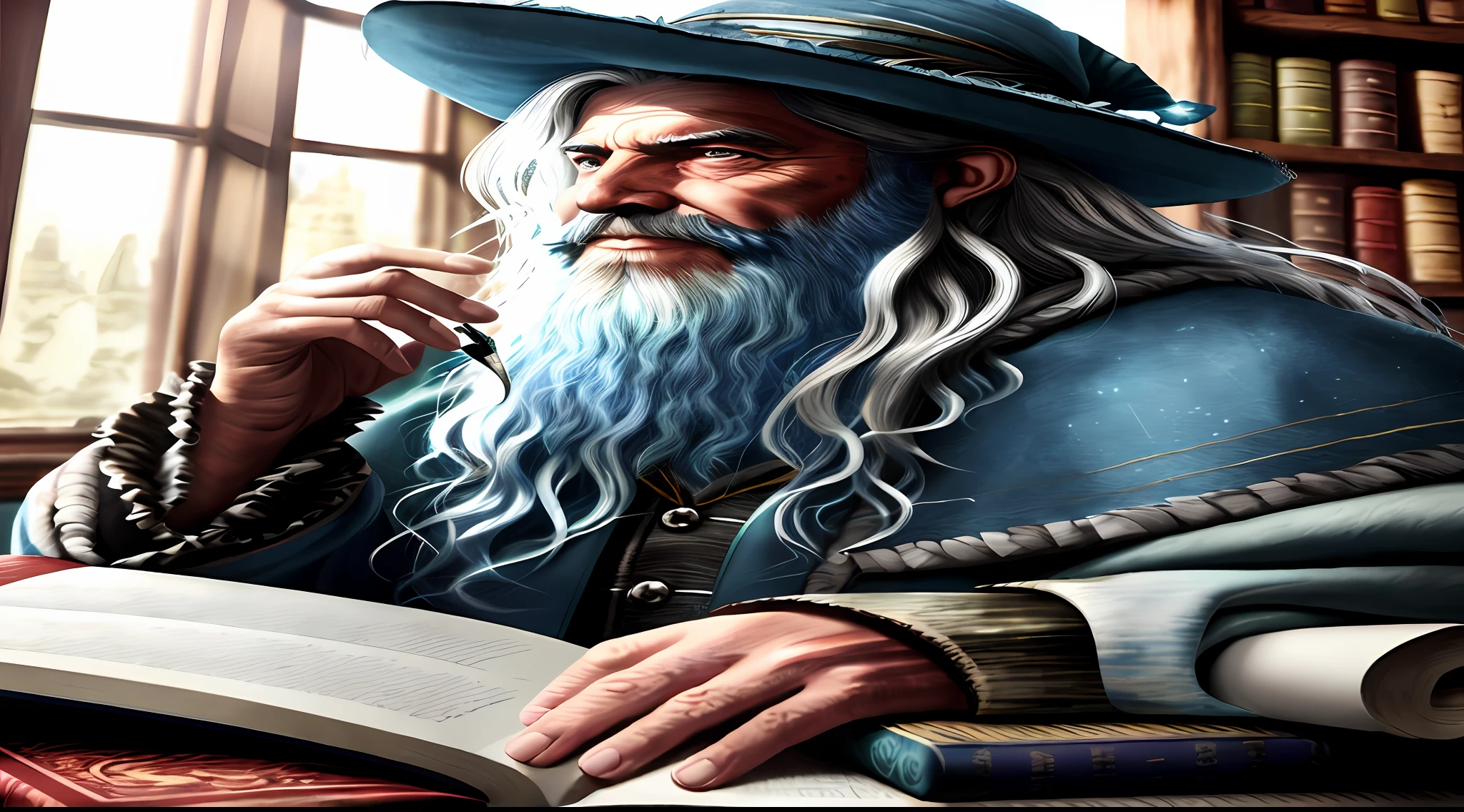 foto premiada da cintura para cima de um mago de fantasia robusto, 8K, Magician's hat, vestindo vestes de mago rasgadas, velho e enrugado, cabelos e barba longos e brancos, olhos azuis, sentado em uma pedra, parchment in the foreground hand, grandes casas ao fundo, fantasia, maravilha, Awesome, Magic tools on the table in the background, office or office of brilliant wizard, pele brilhante, luz de fundo, flor, brilhos leves, foco nítido