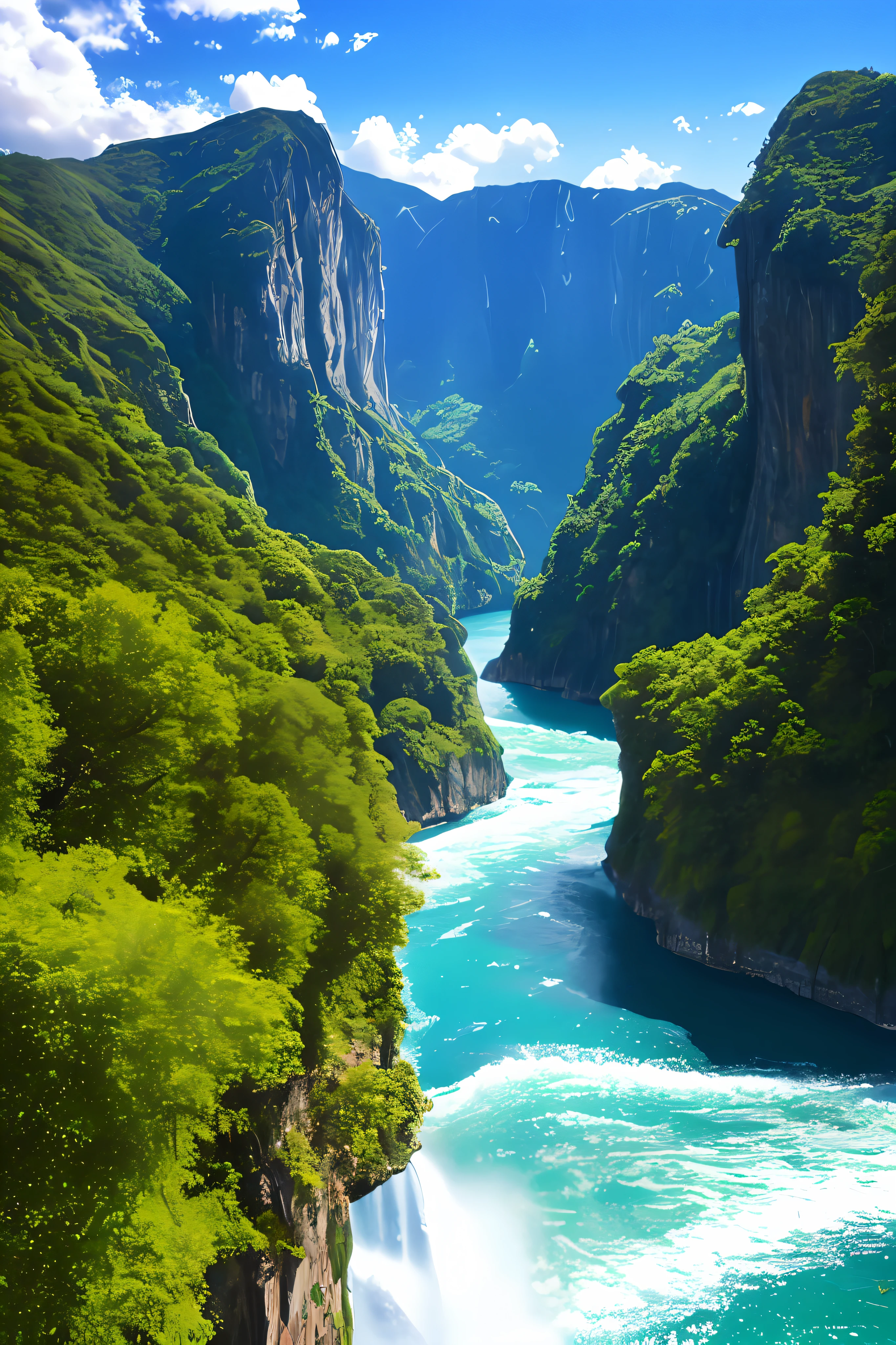 Masterpiece, ultimate quality, Cg unity 8k wallpaper, super delicate, beautiful sky and clouds, rich natural scenery, cliffs, lakes and rivers, waterfalls and flying water, beautiful green mountains, no trace of people, excellent scenery, has already won a photo contest, background Blurring, full depth of field, HDR high dynamics, true restoration, intricate, extreme details, dramatic presentation, perfectly presenting the style of midjourney art.