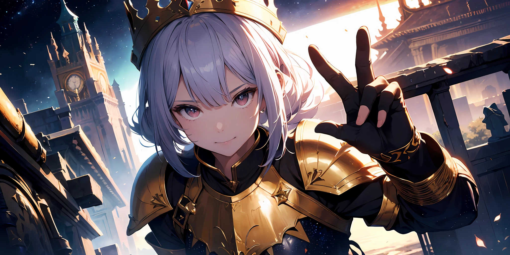 palace, A high resolution, (巨作:1.4), A highly detailed, 1girll, From above, space, sitted, King Knight Armor, Sharp focus, (Cinematic lighting), (1girll), Slight smile，The 5 fingers of the hand are highly detailed，