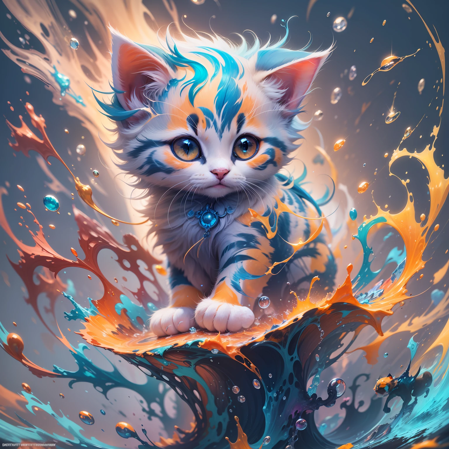 splash art, a liquid cute kitten made of colours,splash style of colourful paint, hyperdetailed intricately detailed, fantastical, intriciate detail, splash screen, complementary colours, Fantasy, Concept Art, in 8k resolution, DeviantArt masterpiece, moonlit glow