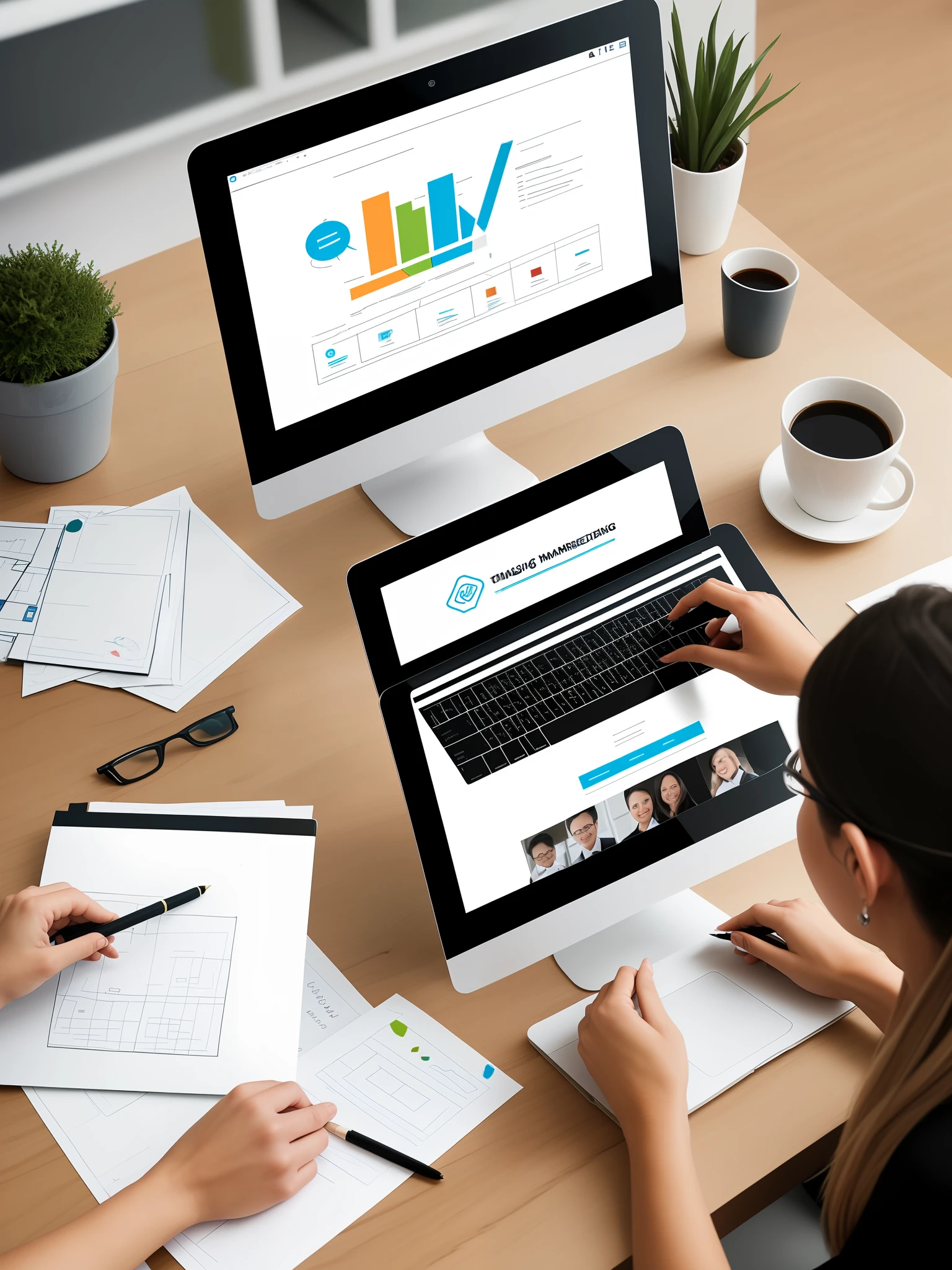 Design an image capturing the synergy between your team and a marketing assistant, collaborating to achieve marketing excellence.