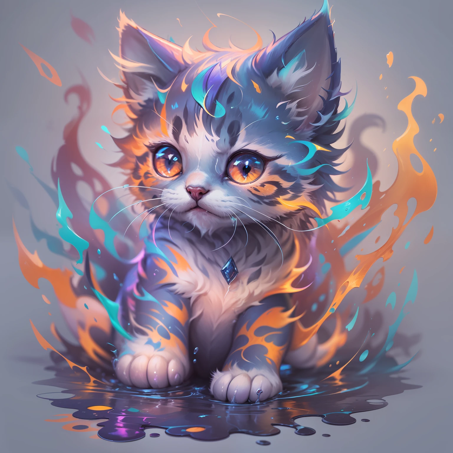 splash art, a liquid cute kitten made of colours,splash style of colourful paint, hyperdetailed intricately detailed, fantastical, intriciate detail, splash screen, complementary colours, Fantasy, Concept Art, in 8k resolution, DeviantArt masterpiece, moonlit glow