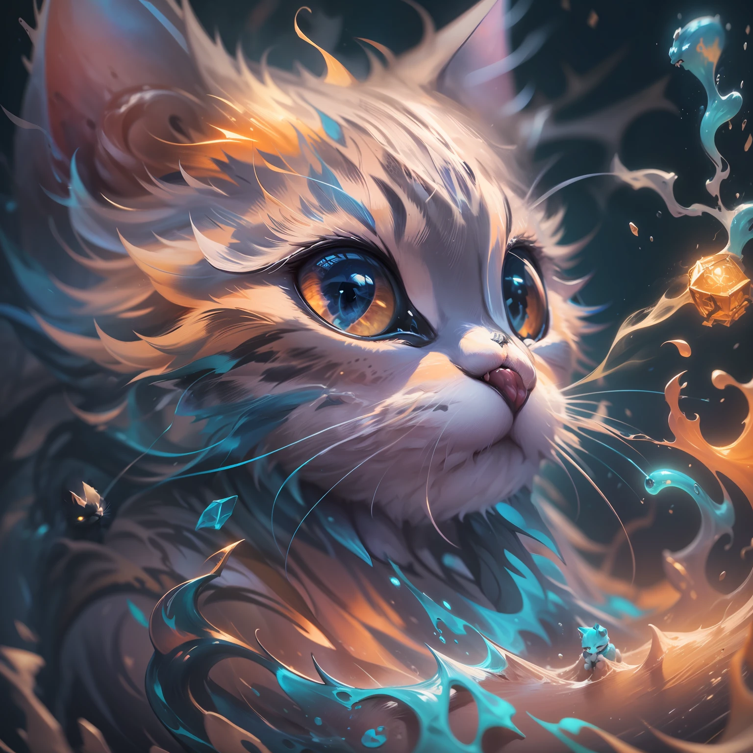 splash art, a liquid cute kitten made of colours,splash style of colourful paint, hyperdetailed intricately detailed, fantastical, intriciate detail, splash screen, complementary colours, Fantasy, Concept Art, in 8k resolution, DeviantArt masterpiece, moonlit glow