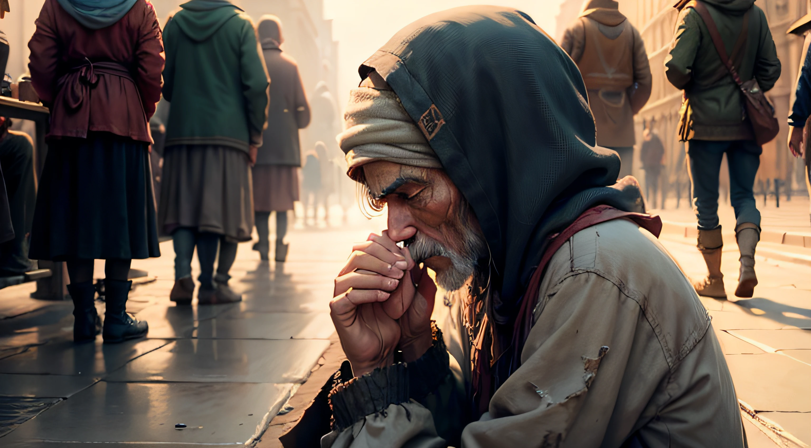 beggar praying, cinematic, realistic, 4k --auto