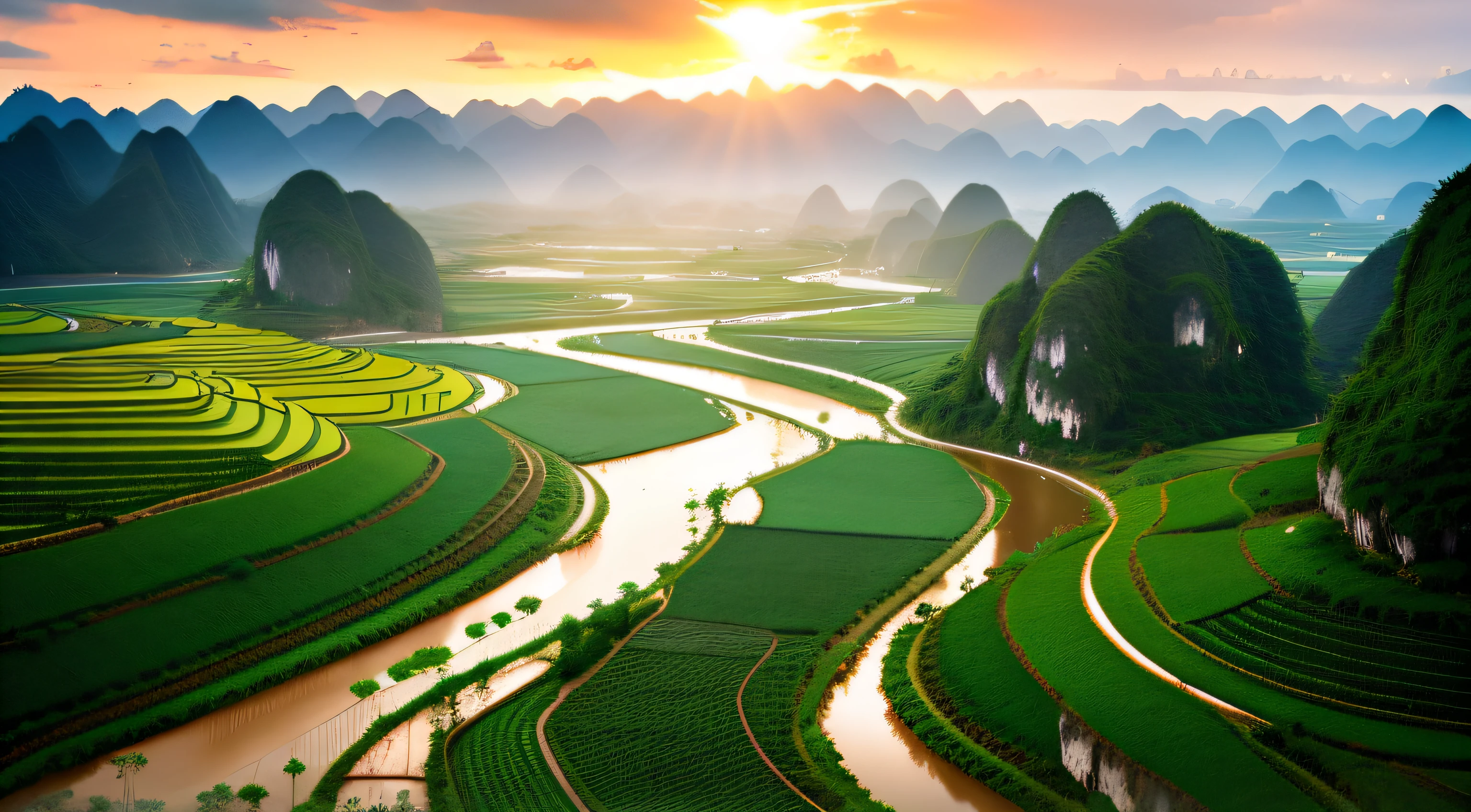 Beautiful views of the Chinese countryside and mountains, karst landscape, Chinese landscape, Chinese village, jungles of vietnam beautiful, hou china, karst landscape ; Wide shot, vietnam, very beautiful scenery, Stunning scenery, Valle encantador, paddy fields and river flowing, Breathtaking landscapes, very very beautiful scenery, guangjian, Picturesque, natural morning light