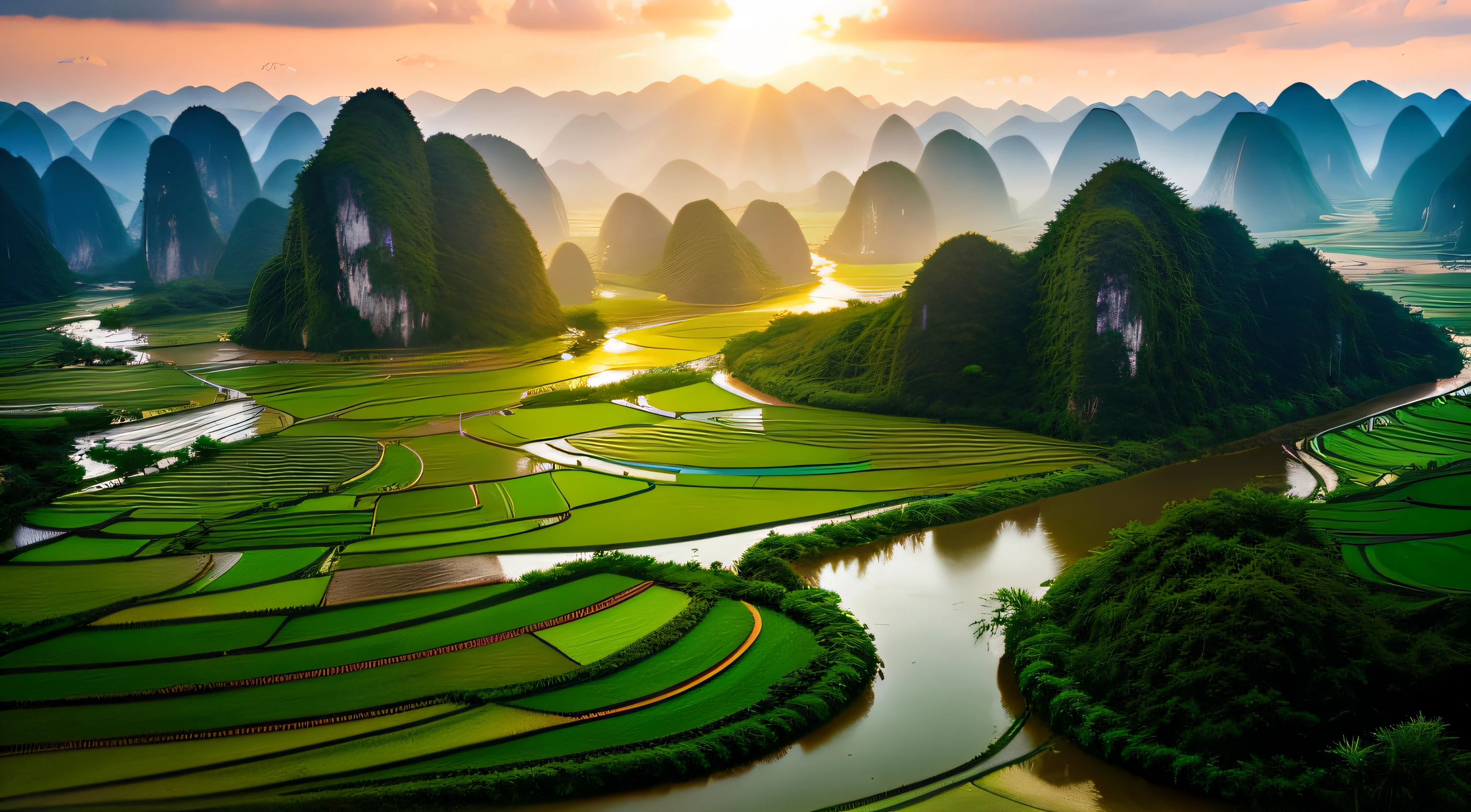 Beautiful views of the Chinese countryside and mountains, karst landscape, Chinese landscape, Chinese village, jungles of vietnam beautiful, hou china, karst landscape ; Wide shot, vietnam, very beautiful scenery, Stunning scenery, Valle encantador, paddy fields and river flowing, Breathtaking landscapes, very very beautiful scenery, guangjian, Picturesque, natural morning light
