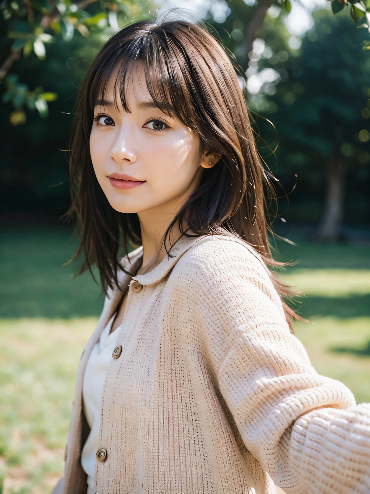 ((Best Quality:1.2, 8K, Sharp Focus, master piece: 1.2, natural Light, extremely details CG, beautiful Girl:1.2, reality, Detailed face textures, Realistic skin, beautiful makeup, Detailed bangs)), (depth of fields), Bokeh background, Head tilt, Smile, brown long hair, Cowboy Shot, (pink crop jacket), wind, selfie , from side,