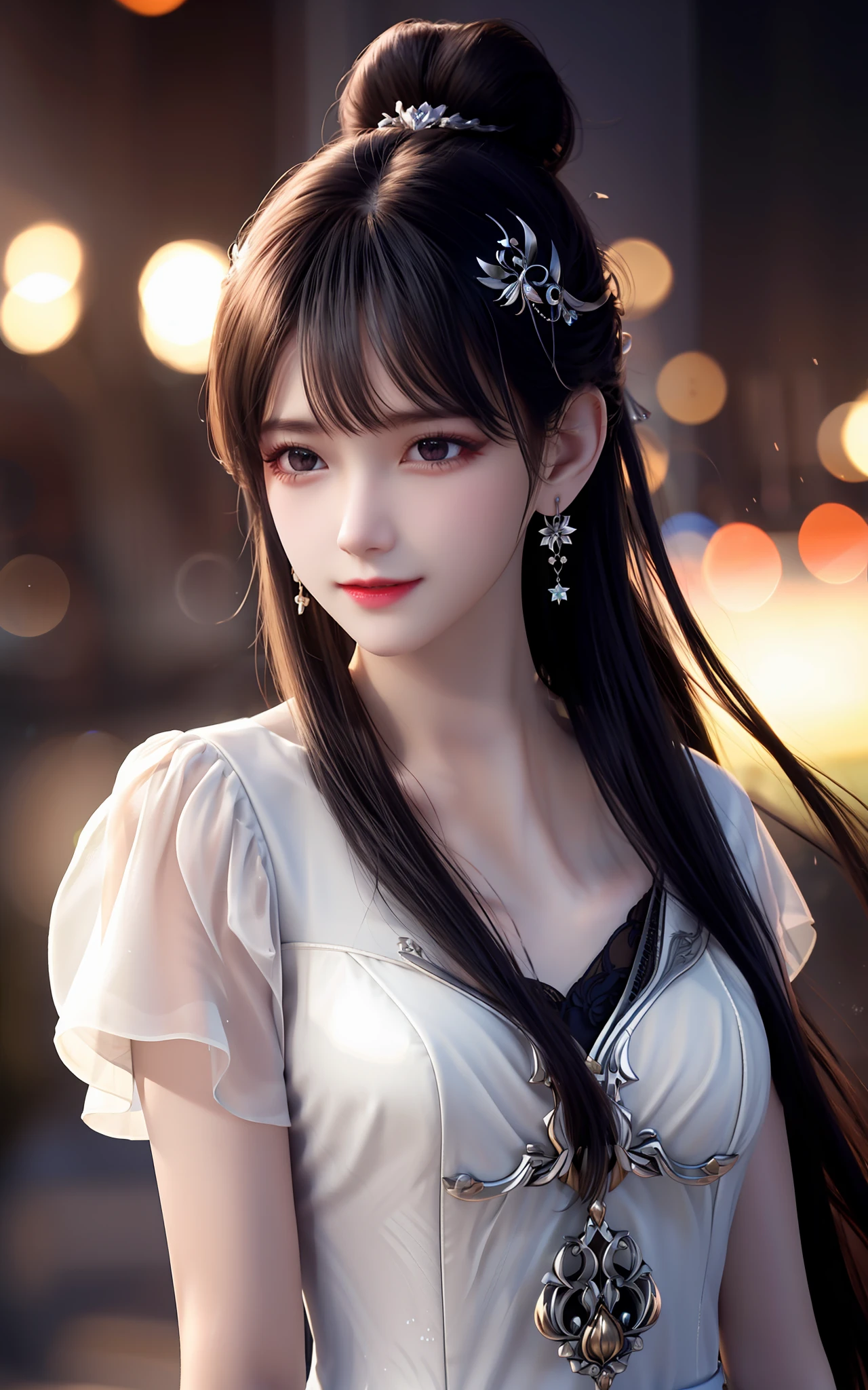 best quality,masterpiece,highres,cg,
1girl,weapon,sword,long hair,dress,water,solo,jewelry,white dress,earrings,hair ornament,splashing,upper body,hair bun,black hair,
lighting,candid,Photograph,high resolution,4k,8k,Bokeh,