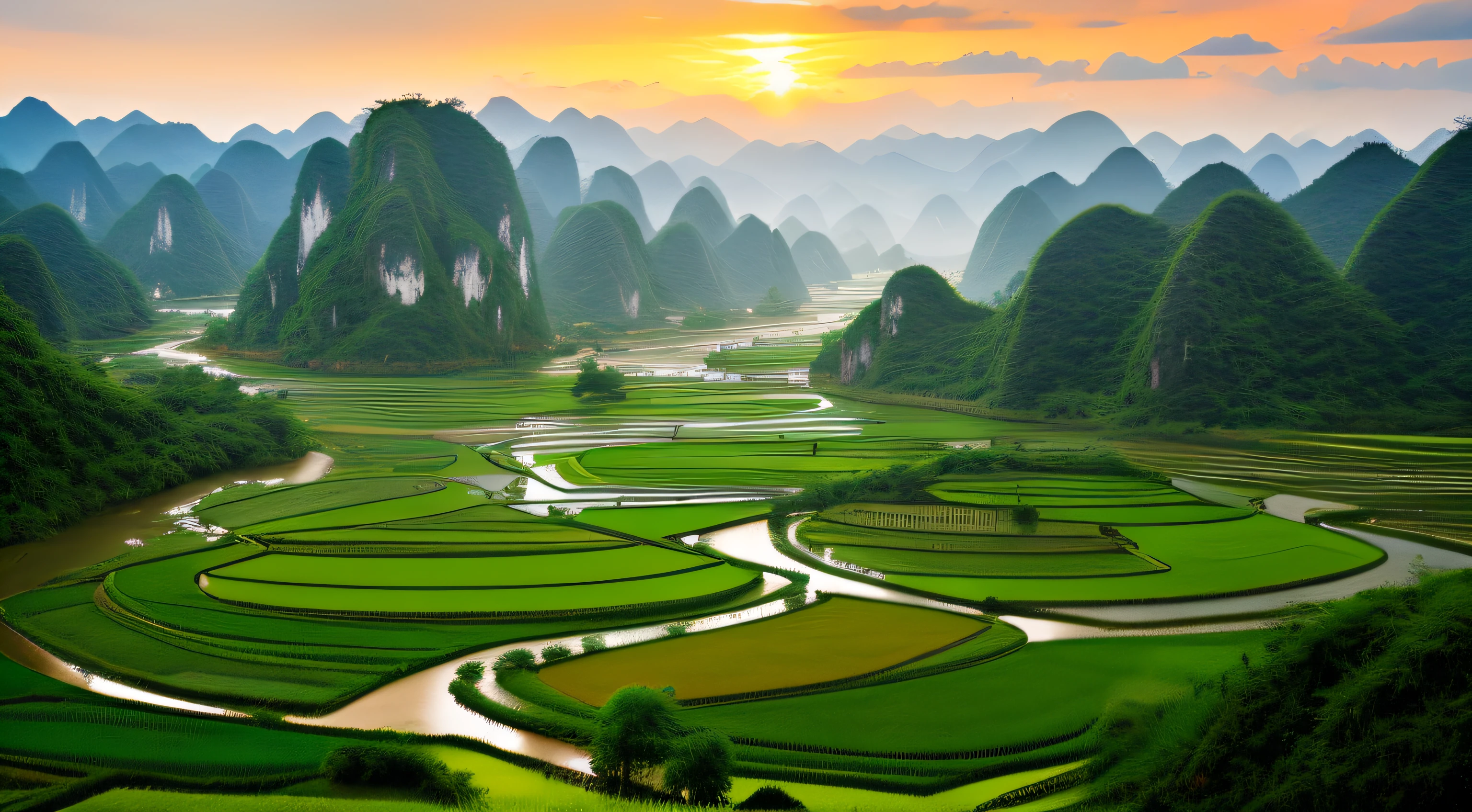 Beautiful views of the Chinese countryside and mountains, karst landscape, Chinese landscape, Chinese village, jungles of vietnam beautiful, hou china, karst landscape ; Wide shot, vietnam, very beautiful scenery, Stunning scenery, Valle encantador, paddy fields and river flowing, Breathtaking landscapes, very very beautiful scenery, guangjian, Picturesque, natural morning light