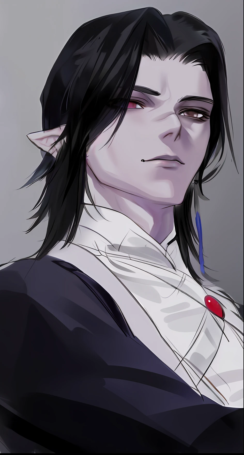 um close up de uma pessoa com um cabelo preto e uma camisa branca, Beautiful androgynous prince, delicate androgynous prince, cara bonito na arte demon slayer, androgynous vampire, handsome japanese demon boy, inspirado em Bian Shoumin, male vampire of clan banu haqim, 2 d arte, Arte 2D, sebastian michaelis