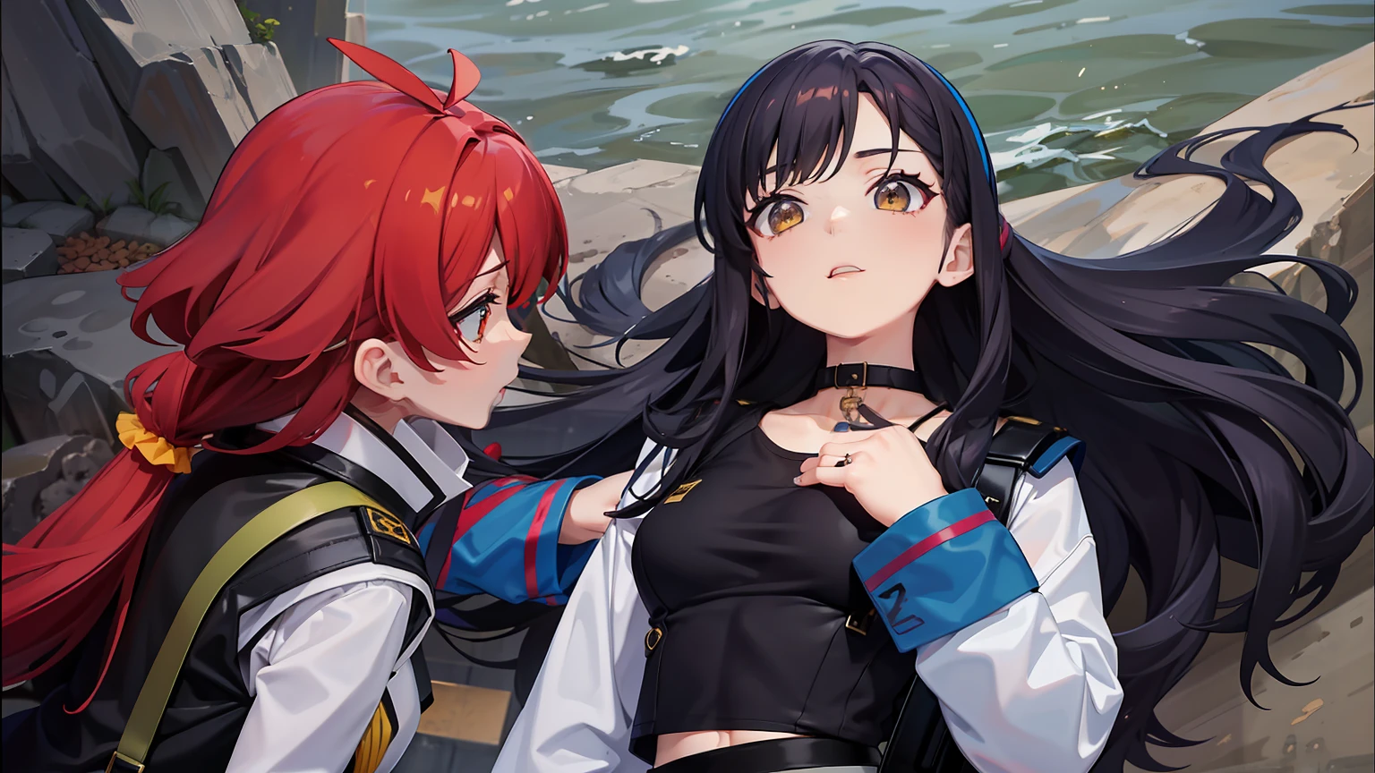 She's a little petite and、has a slender physique. She has long red curly hair and a scrunchie behind her. She wore a black military uniform with a scarf around her neck.、I have a yellow shoulder bag on my back. Tight mini skirt, Blue tights and long boots.