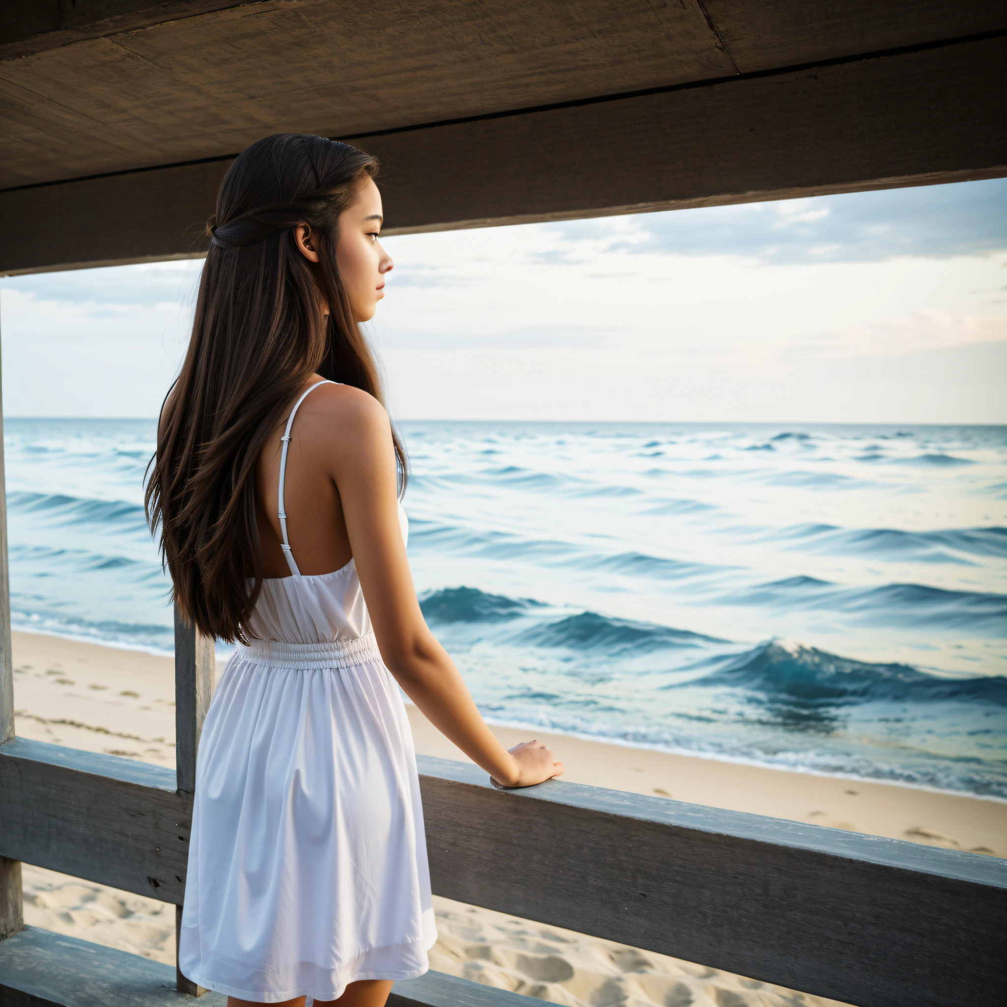 Back of female college student,Facing the sea,Ray traching,The look of a person,Realisticstyle,Evening view,Long, waist-length hair --auto