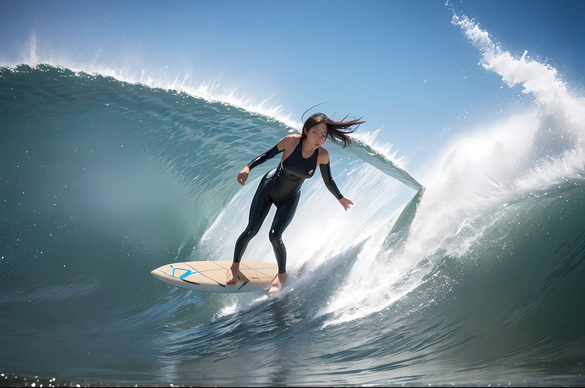 action sports，A woman，surfing，Wide shot, From above, up-close, Ultra-wide angle, Wide-angle, Sony FE GM，