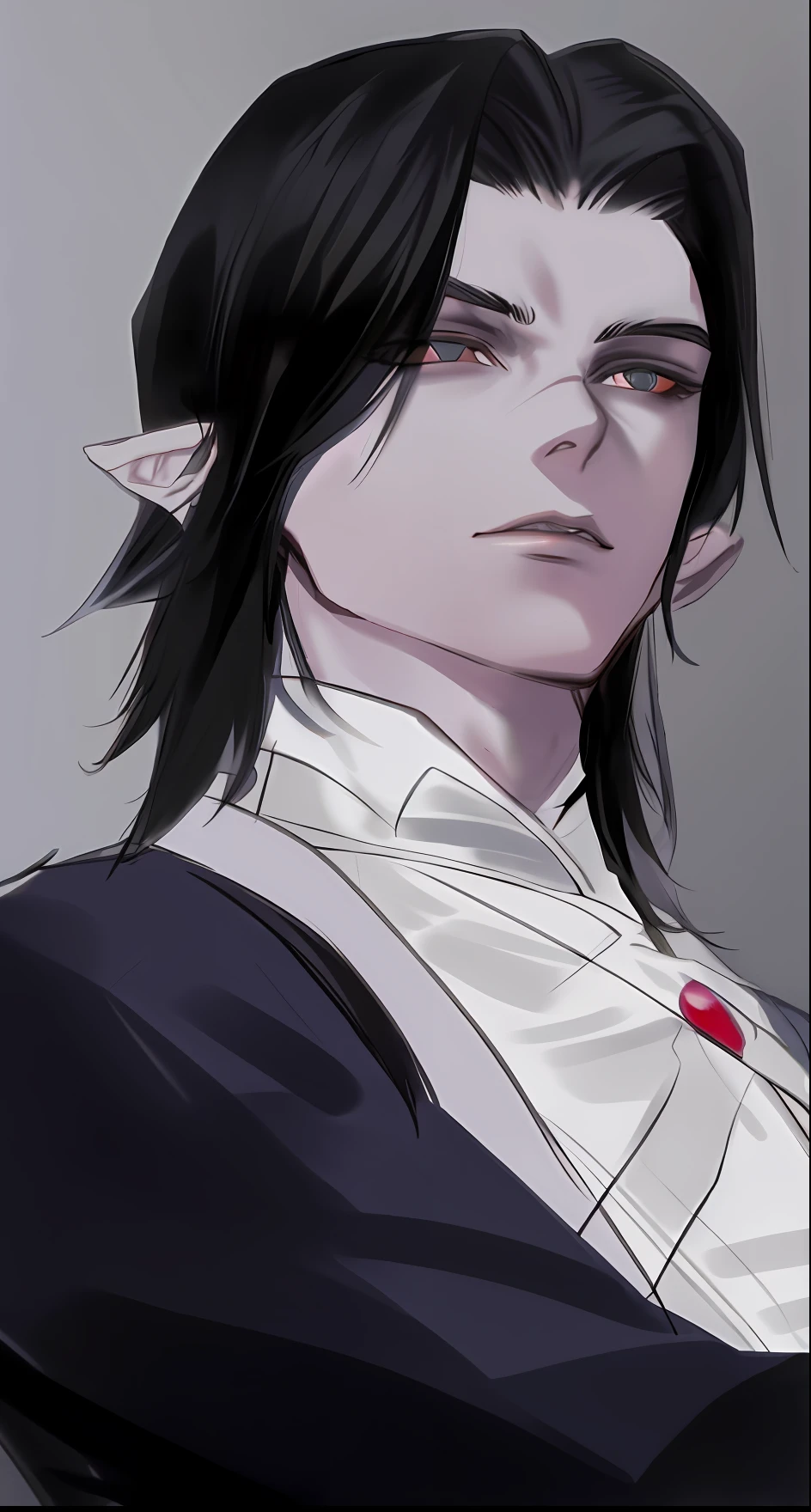 um close up de uma pessoa com um cabelo preto e uma camisa branca, Beautiful androgynous prince, delicate androgynous prince, cara bonito na arte demon slayer, androgynous vampire, handsome japanese demon boy, inspirado em Bian Shoumin, male vampire of clan banu haqim, 2 d arte, Arte 2D, sebastian michaelis