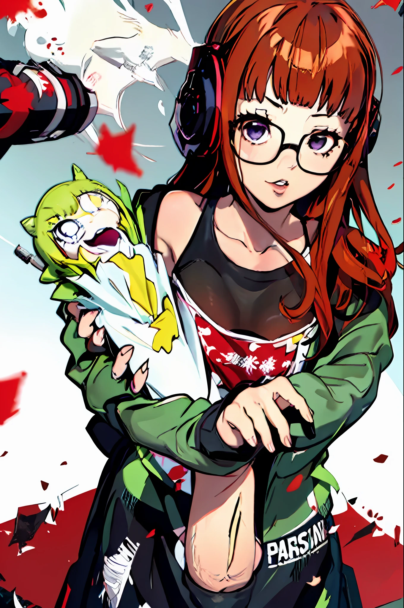 (best quality), atlus, persona, persona_5, 1futa, futanari, futaba_sakura, sakura_futaba, solo, pov, from_below,, balls, large_penis,, small_breasts, looking_at_viewer