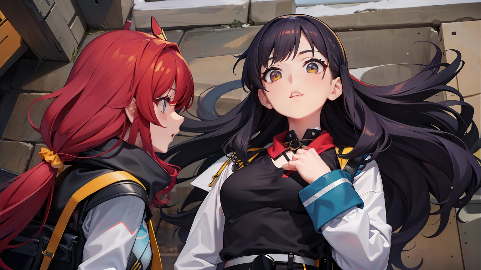 She's a little petite and、has a slender physique. She has long red curly hair and a scrunchie behind her. She wore a black military uniform with a scarf around her neck.、I have a yellow shoulder bag on my back. Tight mini skirt, Blue tights and long boots.