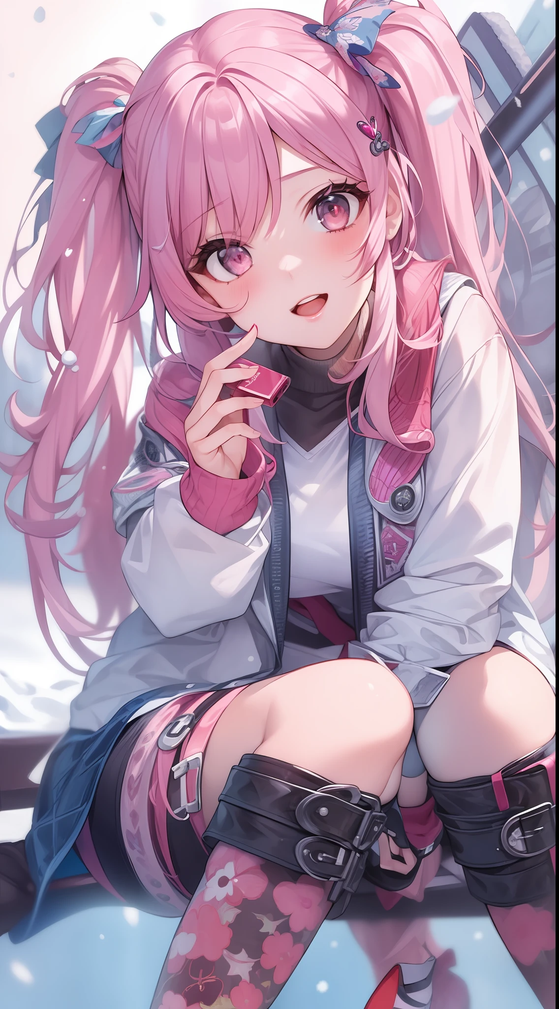 ((masterpiece)), (best quality), (detailed), 1girl,
looking at viewer,  (lipstick:0.75), leaning forward,
long pink hair, twintails,
colorful thighighs,
winter, vivid colors,