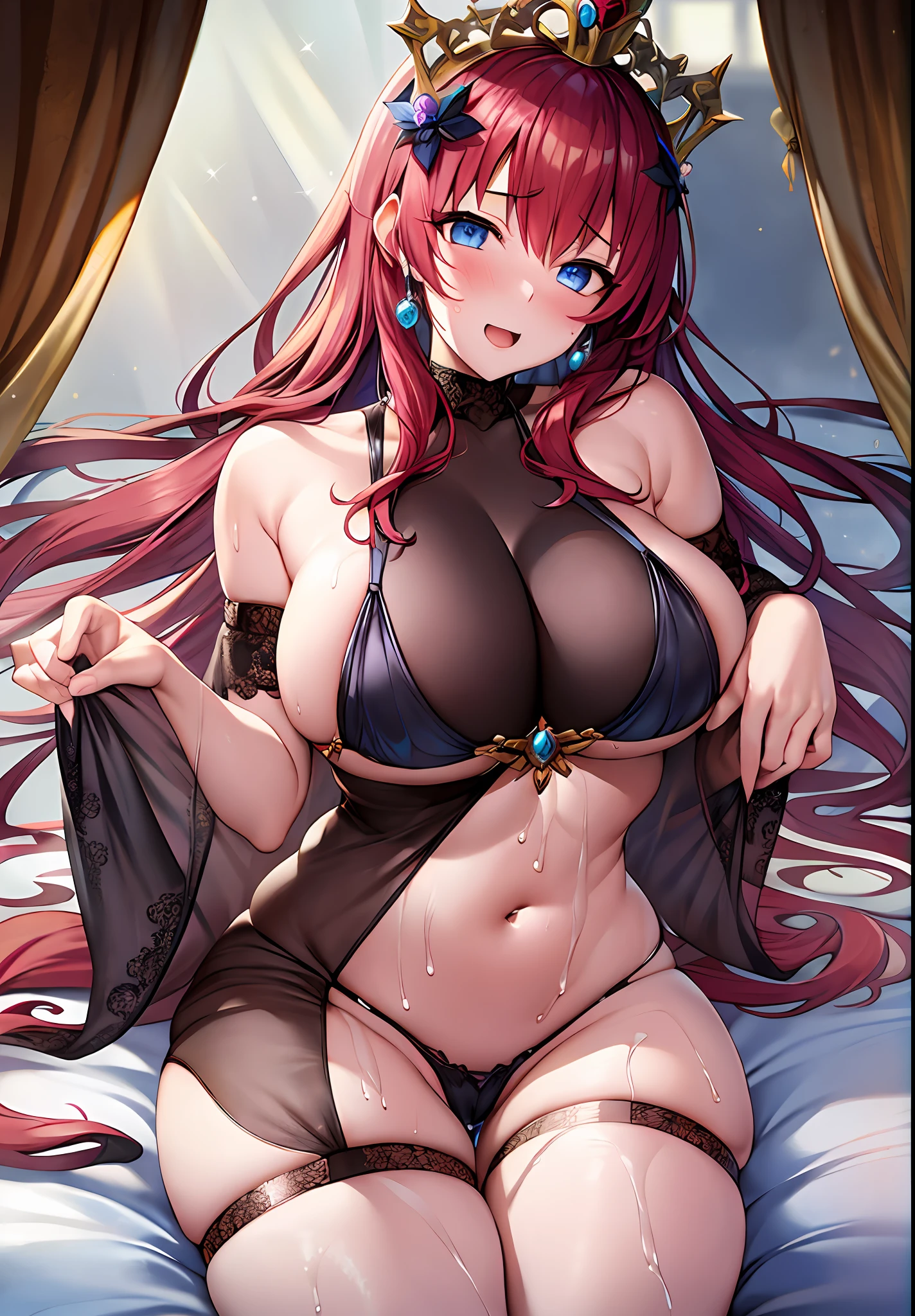 top-quality、Highly detailed anime super detail、masterpiece、tre anatomically correct、Detailed hand、(Mother 1.6)、8K、red tide、sexual excitement、Upper line、Princess、Royal House、Luxury Accessories、huge-breasted、thighs thighs thighs thighs、oppressive、Sweat profusely、Stuffiness、Foreplay、Ahegao、Torogao、(The finest princess costumes:1.6)、Realistic moisturized skin、(Drenched body:1.3)、Detail Eye、NSFW、erotick、domineering 、harems、cum on、Stuffiness、Clothes with less fabric area、Lustrous hair、hairarmpits、White liquid from the crotch、Royal bedroom at the finest、a bed、teats see through、(nursing、Breast milk out of the:1.2)、During squats、masturbation、Streaks in the crotch、The whole body is reflected