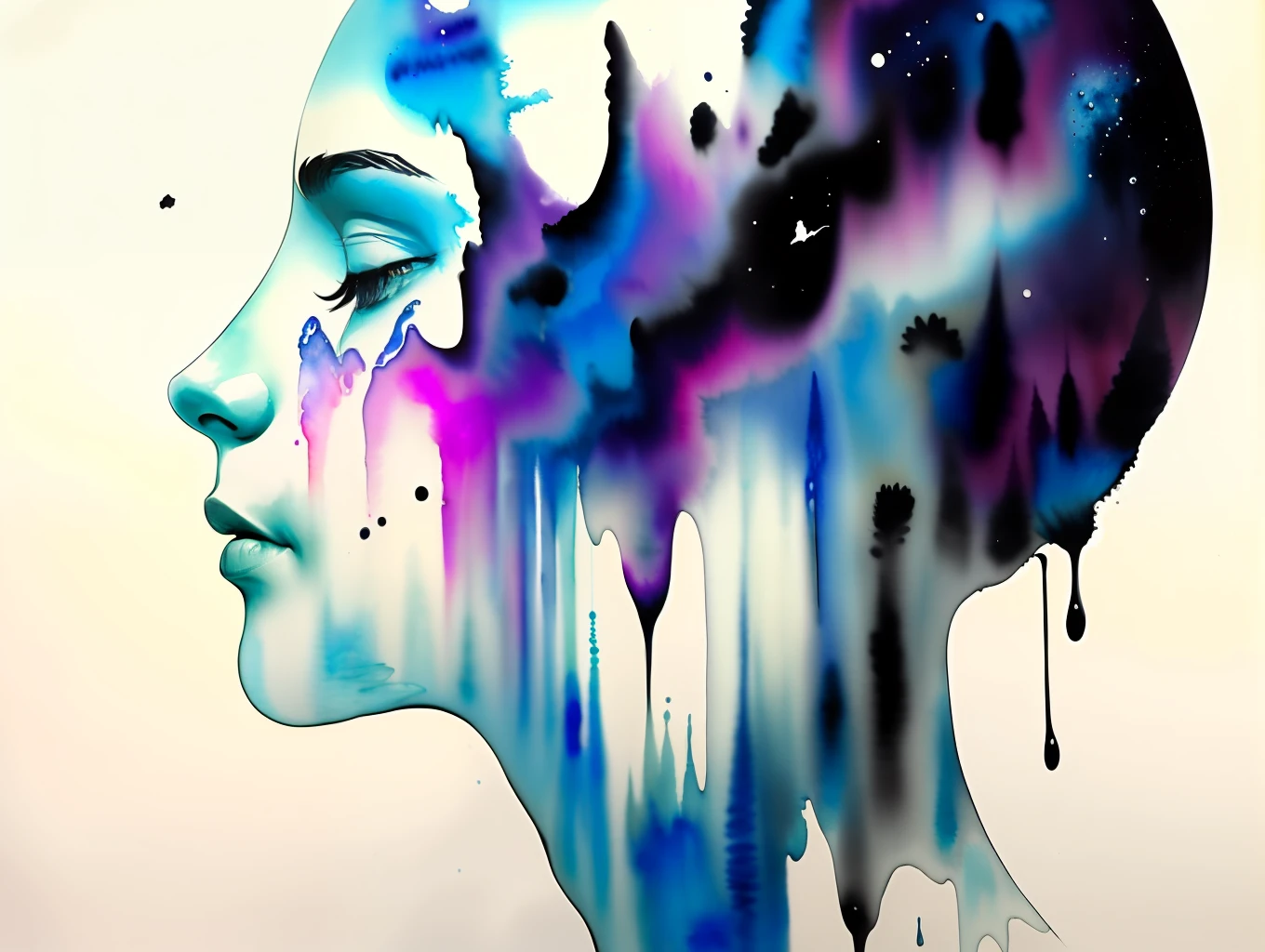 Nebula, daughter of Thanos, Bald woman dissolves into space, cry, pain, body complet, frostbitten skin, blue colored skin, Small pieces, Dust, watercolour, a color, Mysterious swirling shapes, Art(Doubleexposure),1girl,whitebackground,(独奏),( ink painting),dripping,Masterpiece,Best Quality