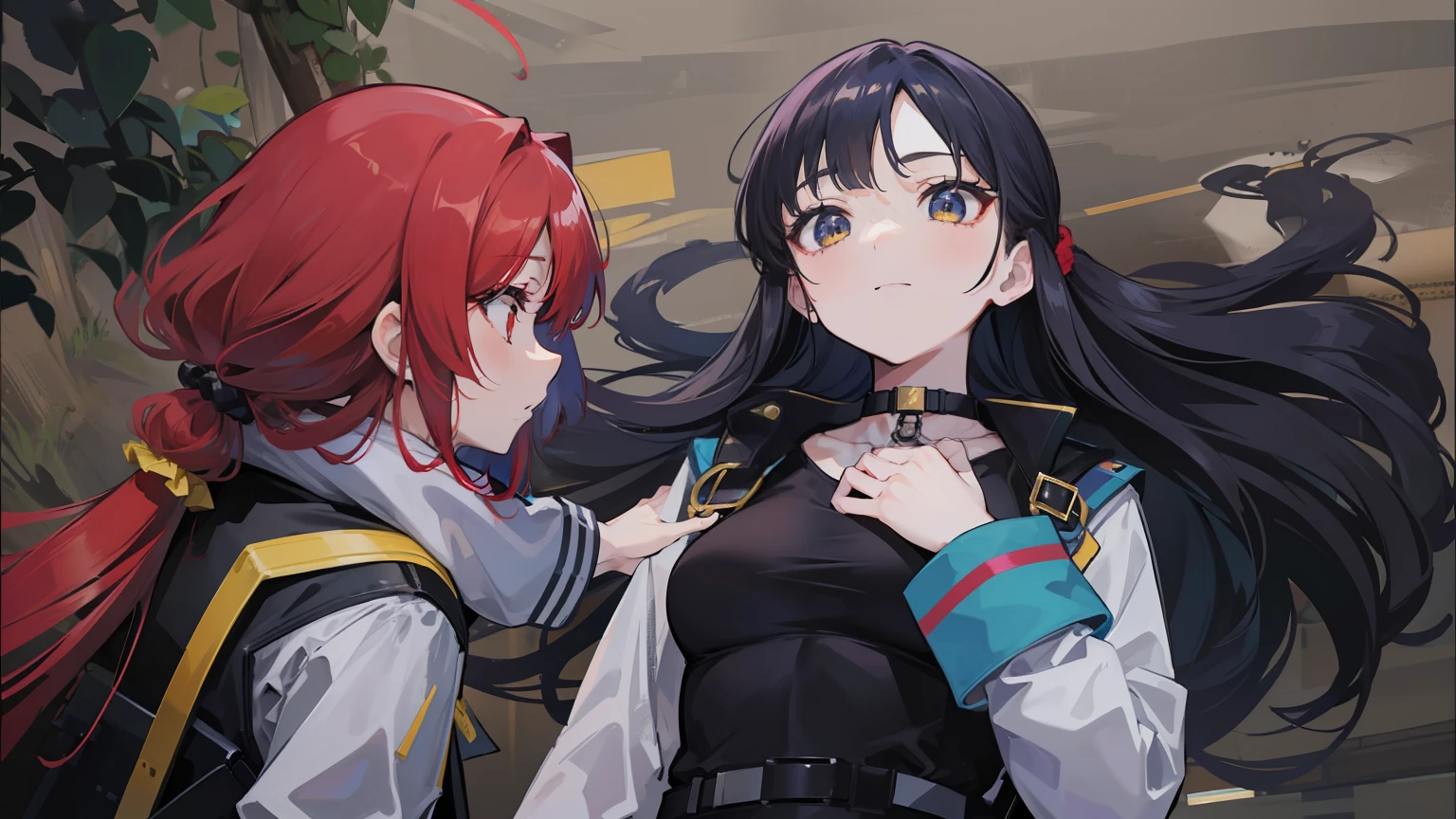 She's a little petite and、has a slender physique. She has long red curly hair and a scrunchie behind her. She wore a black military uniform with a scarf around her neck.、I have a yellow shoulder bag on my back. Tight mini skirt, Blue tights and long boots.