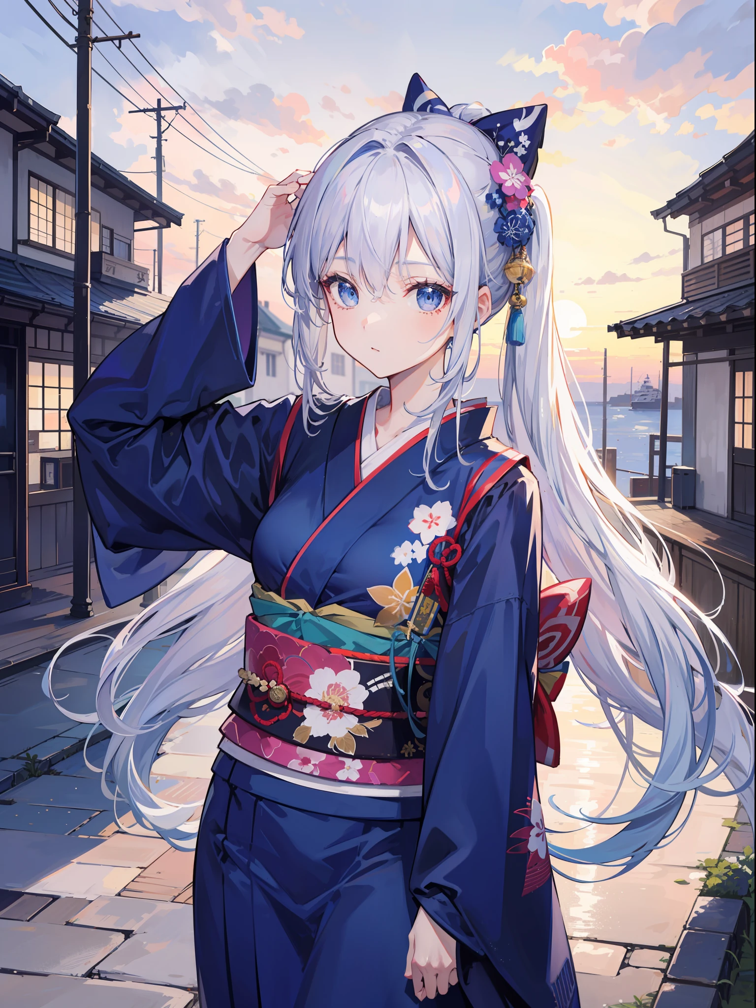 A beautiful but cute swordsman standing in a port town at sunset is making a gesture of looking up at the sky while pulling up her hair in her eyes with determination.、The clothes were decorated in a blue-based kimono to make it easy to move.
