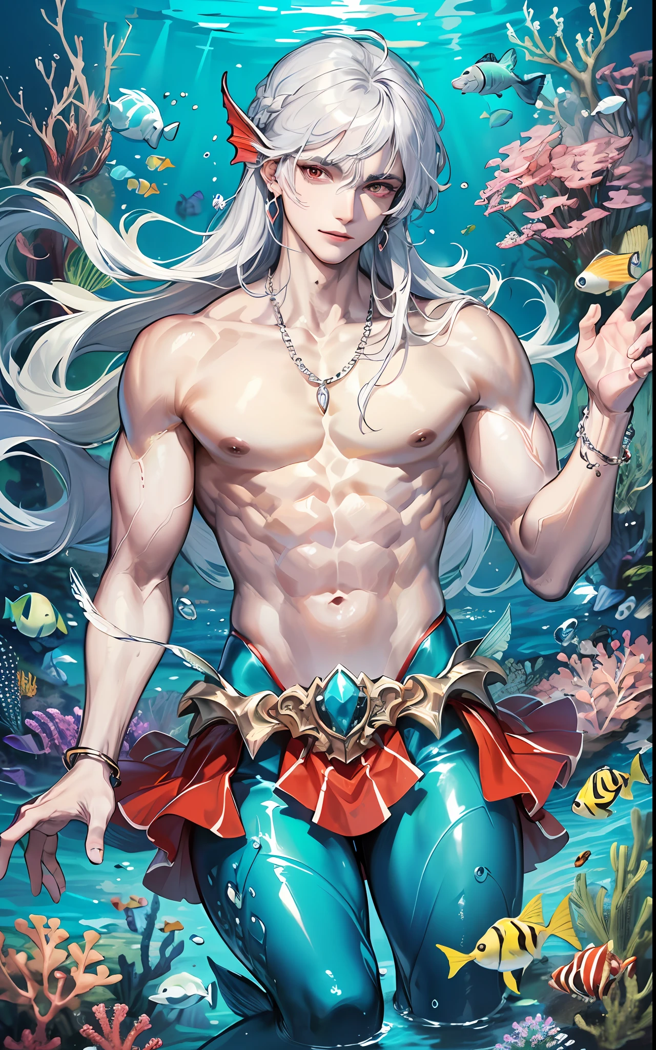 Man, Masculine, Masculine face, Attractive, Muscular, (((1人))), Masterpiece, absurderes, Best quality ,Intricate details , (Shiny skin, shining body, shiny oily luster skin, Shiny hair, pale skin tone), the sunset, Attractive, ((Muscular)), Adult, One, Earrings, Don't look at the view , Not looking at the view, Silver hair, Braided hair, Perfect detailed face, perfect detailed hands, triton, Fins, Red eyes, triton ears, ((wears)), fake smile, marine sea ornaments, ((In the water)), Open chest, (Mermaid tail), No legs, ((diving underwater)), ocean floor, The fish, masculine features, Masculine face