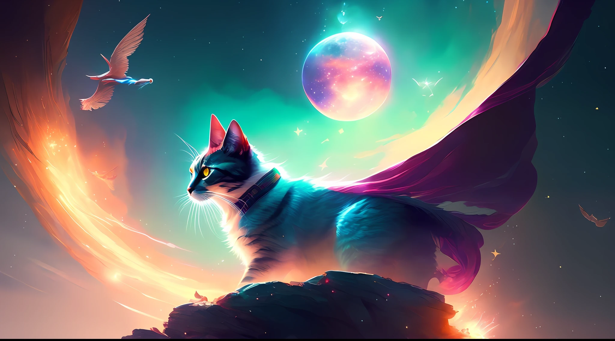 A cat soaring among the stars, Buddhist robes, Dreamy, concept-art, Misty, elegant, Highly detailed, Greg Rutkowski's style, dim colors, soothing tones