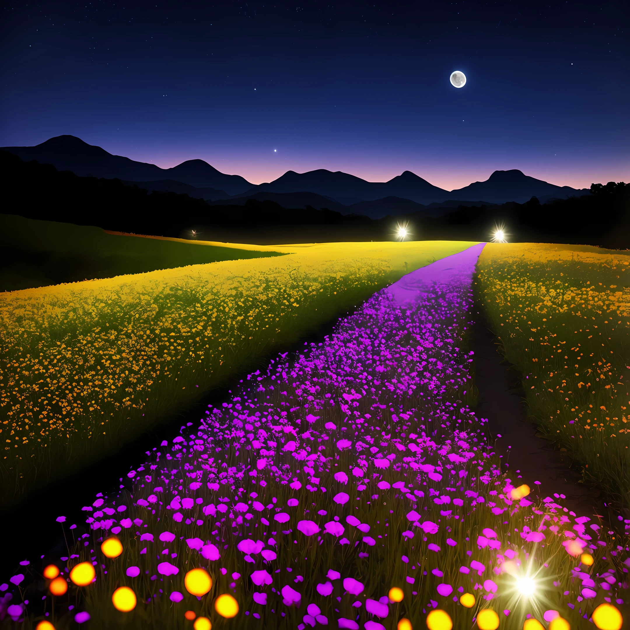 Expansive landscape photograph,(look from down,Above is the sky,Below are open fields),A kitten standing on a flower field looking up,(moon full:1.2),(meteors:0.9),(Starcloud:1.3),Far Mountain, Tree BREAK making art,(Warm light source:1.2),(glowworm:1.2),lamp lights,Lots of purple and orange,Complicated details,Volumetric lighting BREAK(tmasterpiece:1.2),(best qualtiy),4k,ultra - detailed,(dynamic compositions:1.4),detail-rich,plethora of colors,(Irridescent color:1.2),(with light glowing,Atmospheric lighting),dream magical,magical,(独奏:1.2)