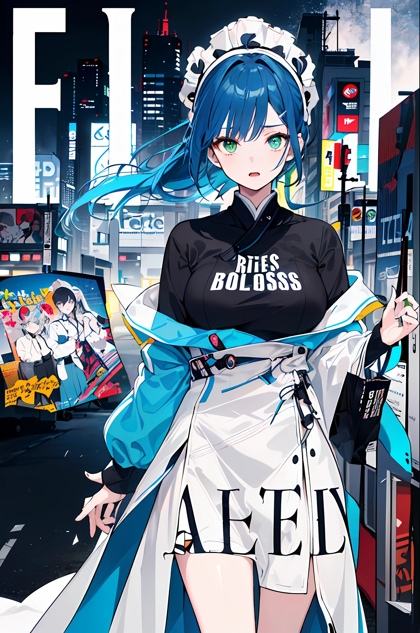 ((((Dramatic))), (((grittiness))), (((Intense))) The movie poster features a young woman as the central character。She stands confidently in the center of the poster,Wearing a sweatshirt, dark blue hair, high ponytail, bow headdress, green eyes, bold and eye-catching text,With catchy slogans,Adds to the overall drama and excitement。The color palette is dominated by dark colors,Dotted with bright colors,Make the poster dynamic and visually striking,tachi-e (Magazines:1.3), (Cover-style:1.3), Fashionab, woman, vibrant, Outfit, posing on a, Front,rich colourful,dyna,Background with,element in,self-assured,Expressing the,halter,statement,Attachment,A majestic,coil,Runt,Scenes,text,Cover of a,boldness,attention-grabbing,titles,Fashionab,typeface,Catchy,titles,more big,Smart、moderno、Trendy、focus-on、Fashionab、