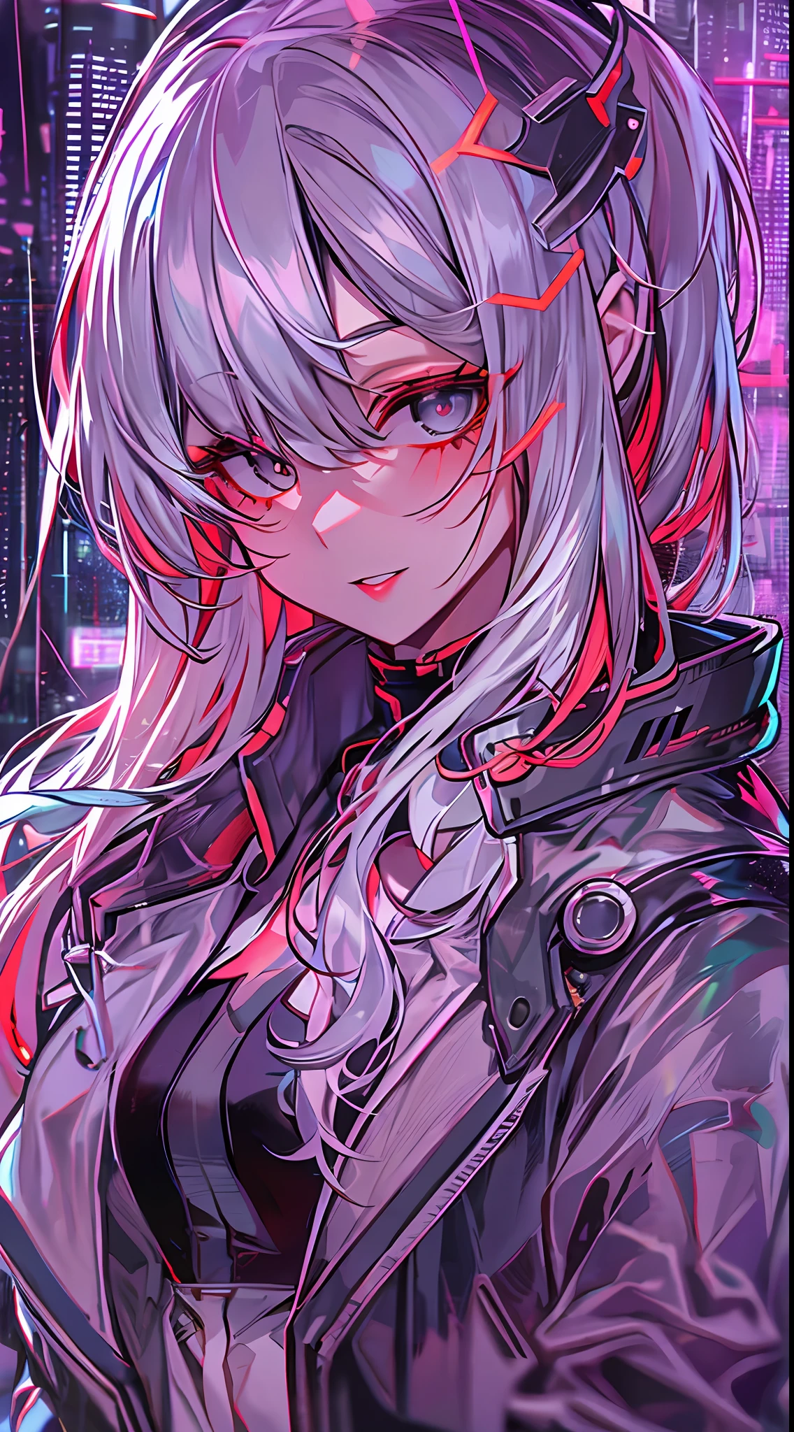 lucy \(cyberpunk\), 1girl, hair scrunchie, hime cut, silver hair, colored tips, full moon, grey eyes, jacket, long sleeves, looking at viewer, medium hair, multicolored hair, parted bangs, parted lips, pink hair, portrait, red eyeliner, red lips, solo, white jacket, cyberpunk \(series\), rainy night in a cyberpunk city with glowing neon lights