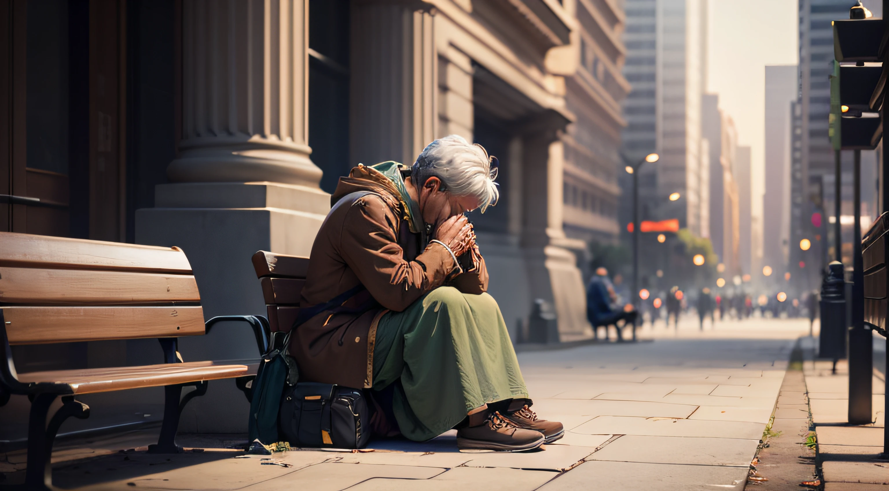 Beggar praying sitting on park bench, realistic image, cinematic, 4k, --auto