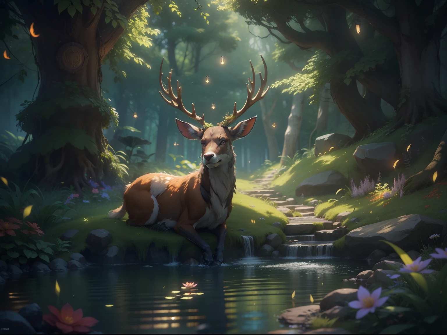 Masterpiece, Best Quality, (very detailed CG unified 8k wallpaper), (Best Quality), (Best illustration), (better shadow), Glowing elf with glowing deer, drinking water in swimming pool, Natural elements in the forest theme. Mysterious forest, Beautiful forest, Nature, surrounded by flowers, tender leaves and branches, surrounded by fireflies (Natural elements), (jungle theme), (leaves), (twigs), (Fireflies), (particle fx) and other 3D, Octane rendering, Ray Tracing, Super detailed , old fur, overgrown with grass, gundam --v6