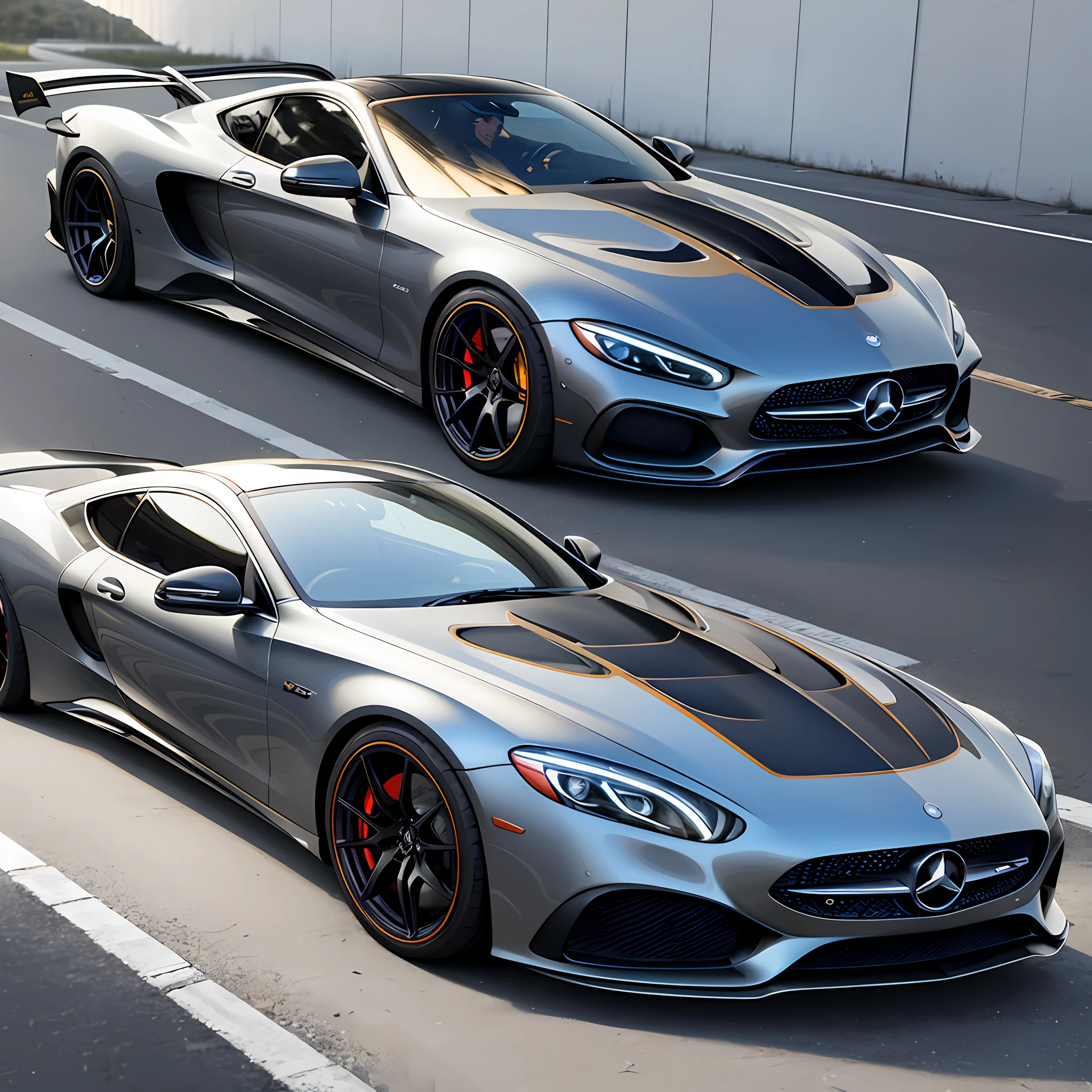 combin a Mercedes Benz e class with hypercar, on car shown from the side