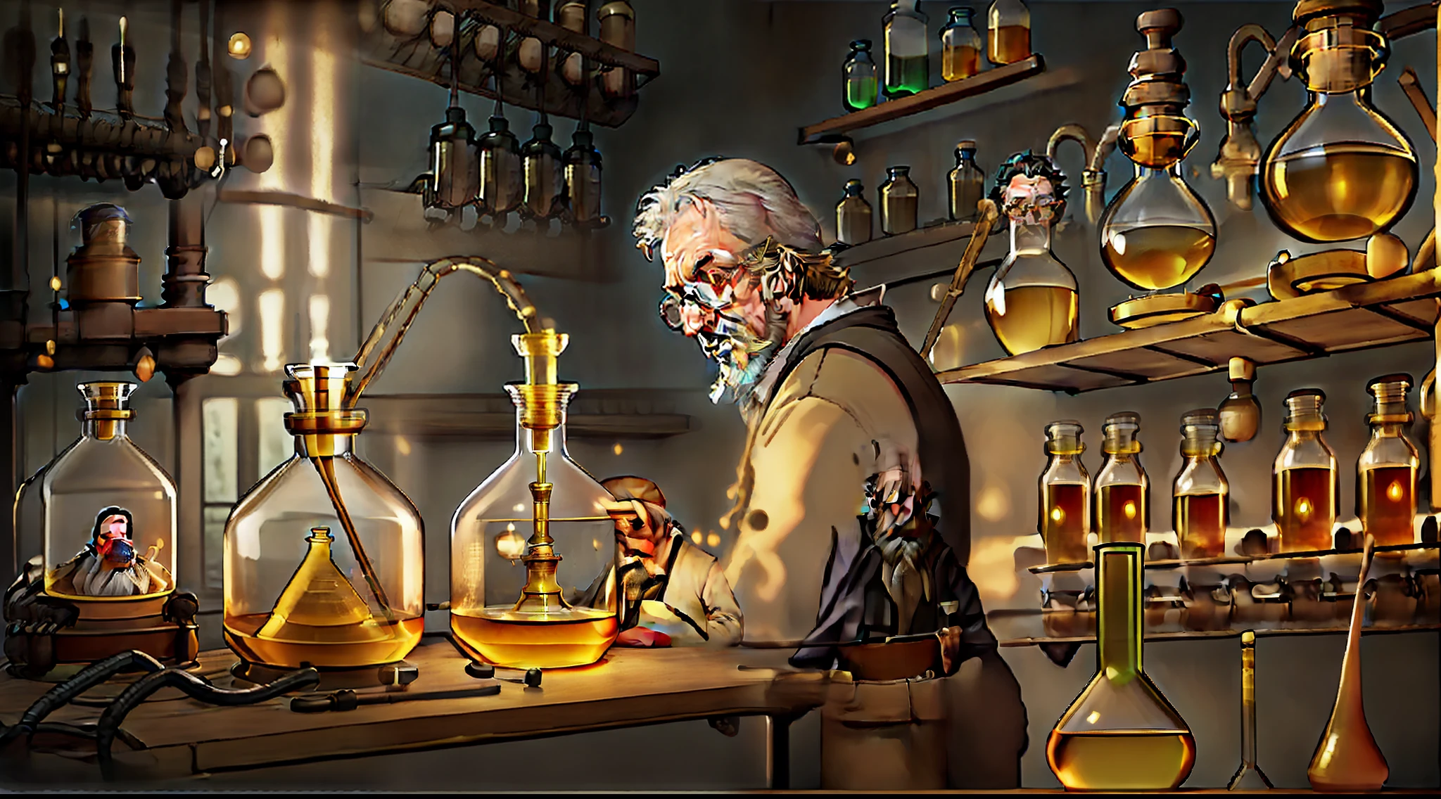 An old alchemist remarkably tired from so many years of work is in his laboratory aided by two young apprentices who are dazzled by the structure of the laboratory, with the various vials of reagents arranged on the shelves and with a distillation flask in operation distilling a liquid whose golden vapor makes the whole environment shine with a dim light.