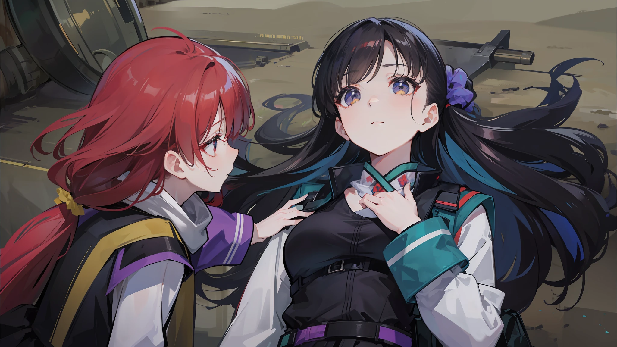 She's a little petite and、has a slender physique. She has long red curly hair and a scrunchie behind her. She wore a black military uniform with a scarf around her neck.、I have a yellow shoulder bag on my back. Tight mini skirt, Blue tights and long boots.