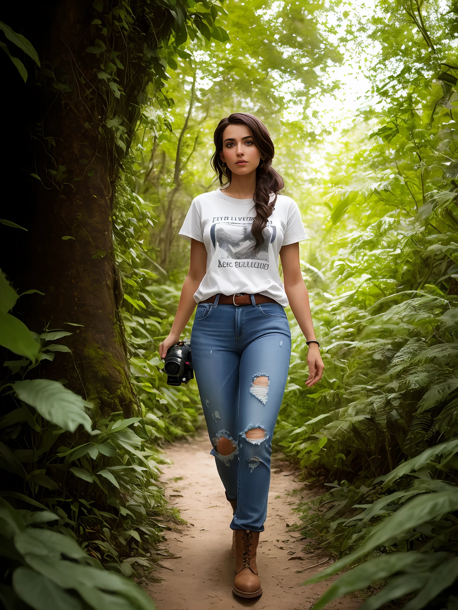 Adventurous girl, carrying DSLR camera, front image, walking in the jungle, full body, (intricate details), HDR, (intricate details, hyperdetailed:1.2), cinematic plane, centered, a beautiful cinematic masterpiece portrait of iranian girl with black weavy hair as lara croft from tomb raider, covered in dirt, treasure hunter, ((white basic teeshirt, full length plain tee-shirt, tight torn jeans)), ankle boots, with a complex jungle background with ancient jungle ruins, by gil elvgren, by frank frazetta, by greg rutkowski, trending on artstation, featured on pixiv, hyper detailed, beautiful studio lights, intricate elegant digital painting, cinematic composition, dramatic pose, smooth, sharp focus, (((professional photography))),dappled light, romantic, HDR, highly detailed, hasselblad, 8k, hyper realistic, eye level shot, f1.4 aperture, 8mm film grain, cinestill 800, by Jean Paul Gaultier and Jules Bastien-Lepage and Stella McCartney, (((professional photography))),dappled light, romantic, HDR, highly detailed, hasselblad, 8k, hyper realistic, eye level shot, f1.4 aperture, 8mm film grain, cinestill 800