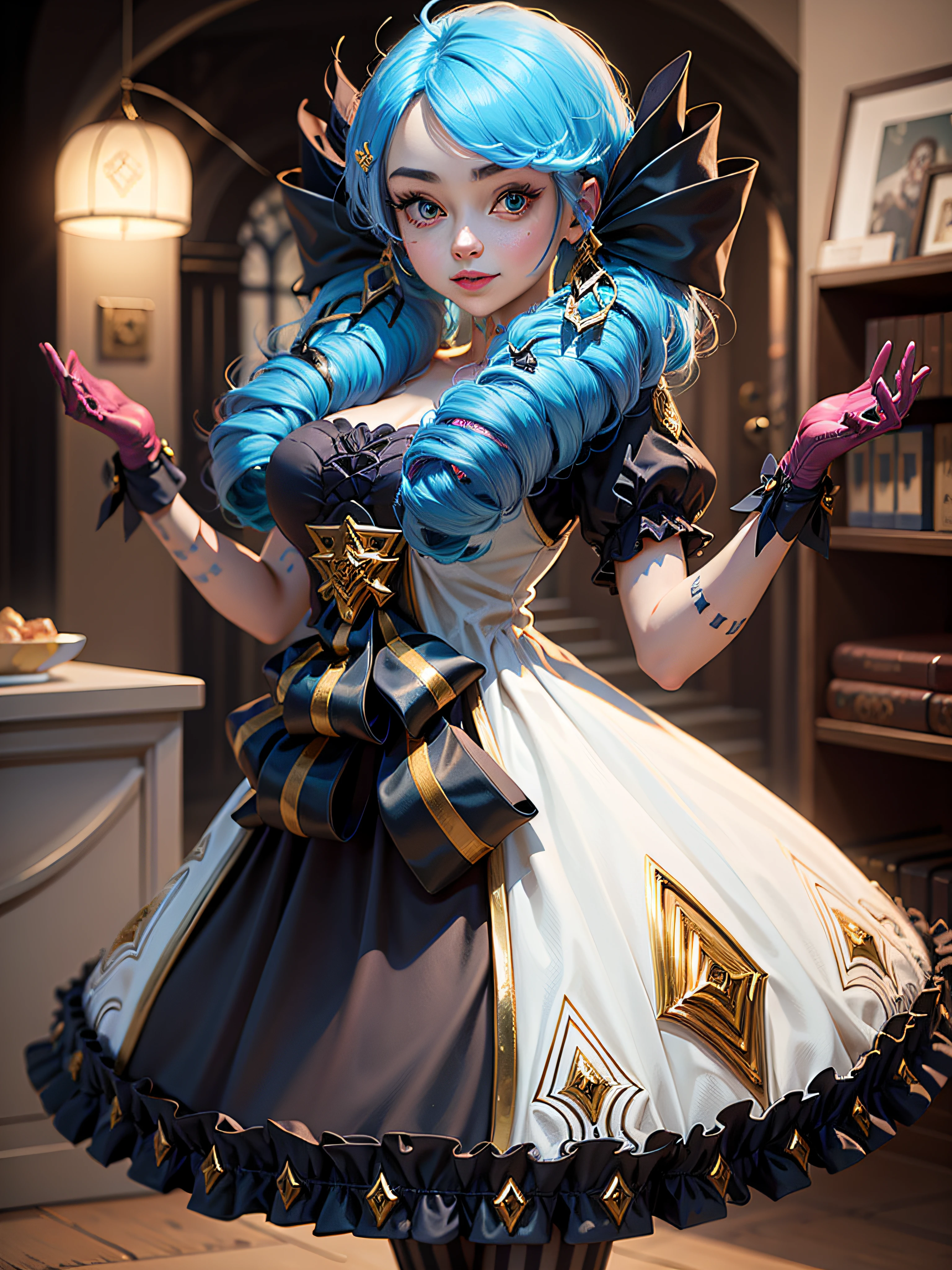 1girl, absurdres, black bow, black gloves, black legwear, blue eyes, blue hair, bow, clarkbone, dress, drill hair, frilled dress, frils, gloves, gwen\(league of legends), hair accessories, highres, League legendary, long hair, cracked lips, puff sleeves, pink pupils, smile, solo, white dress, x, x hair accessories, mid-chest, indoor, semi-