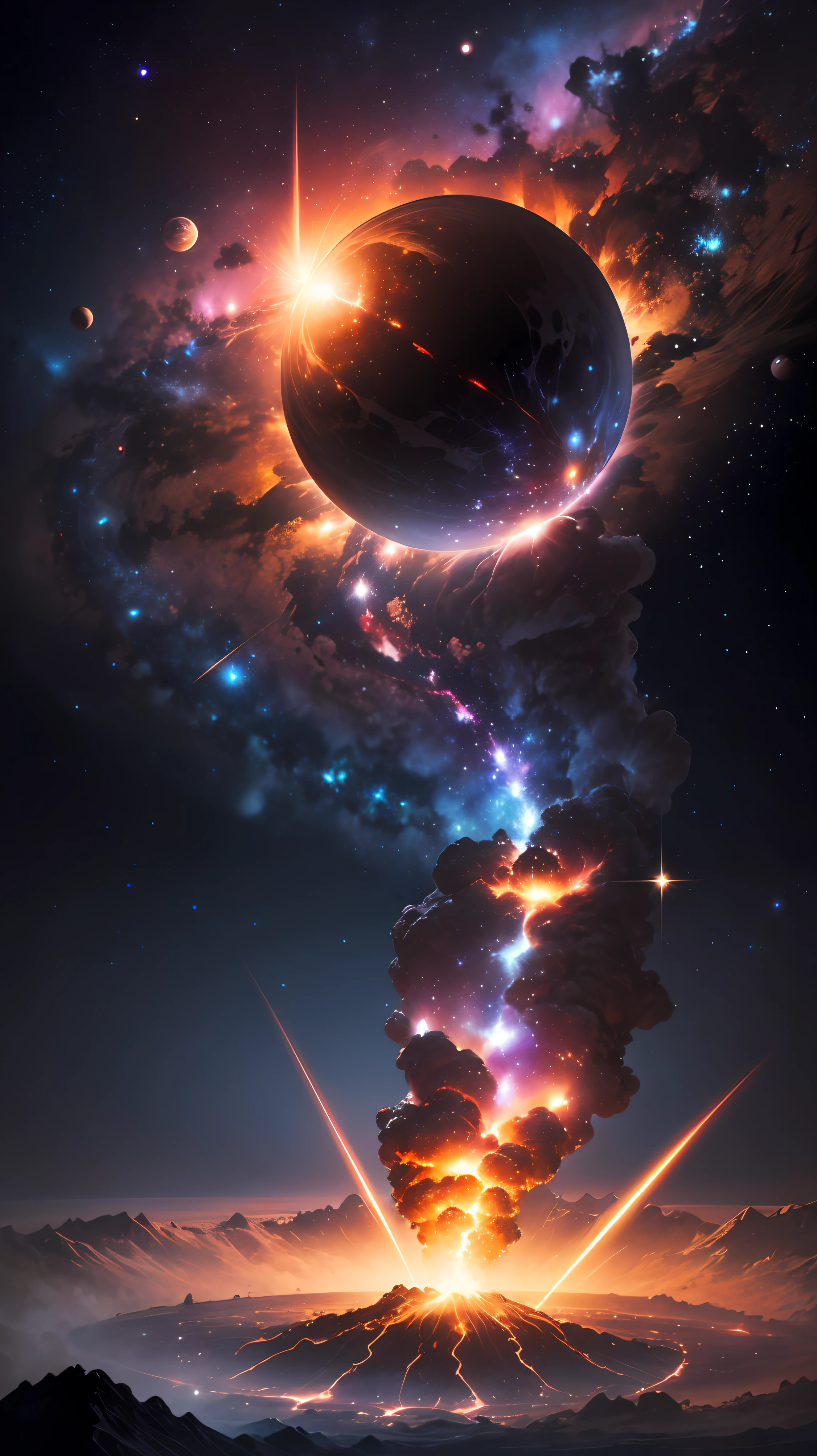 Black holes in the distance are ravaging the Milky Way,Located in space,Deep starry sky,the boundless universe,mistic,fantasy,erupting volcano,It's full of danger,There was magma everywhere --auto