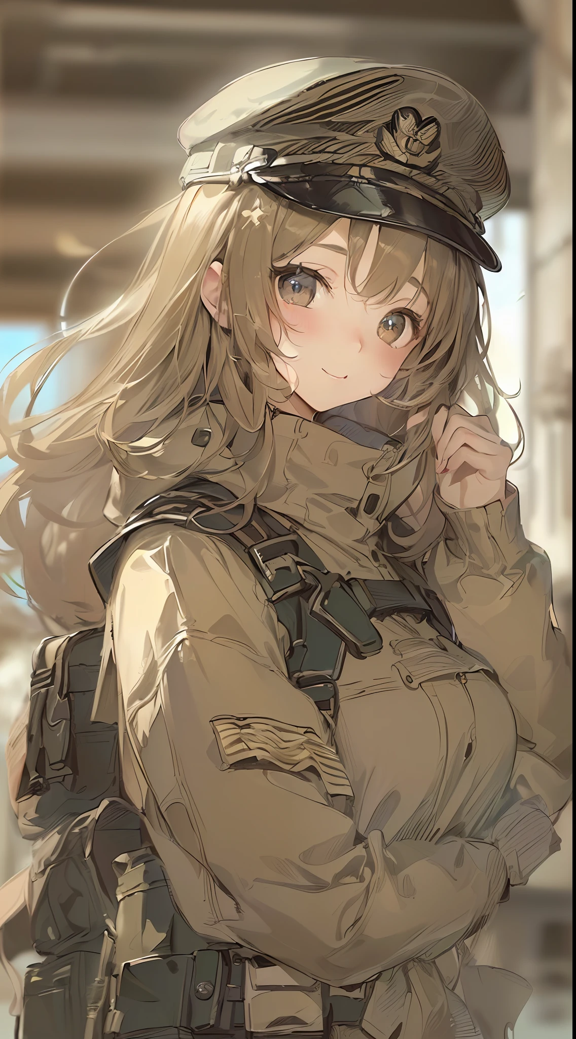 「(8k wallpaper:1.5)、(high-level image quality:1.3)、(animesque, illustratio:1.5)、(girl with、kawaii:1.8)、(beatiful detailed eyes:1.3)、(A slight smil:1.1)、(Military Personnel:1.5)、(Urban area:1.3)、(sepia, gradients:1.5)」