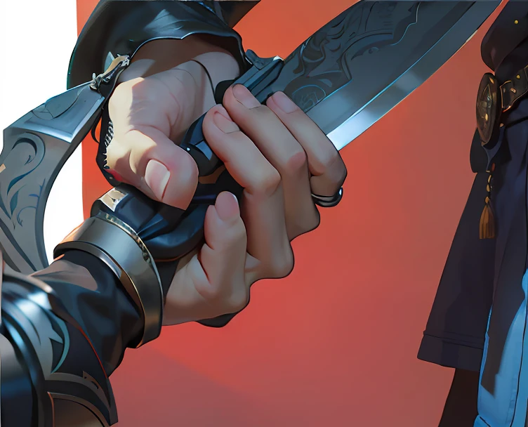 Original Drawing,Someone had a knife in his hand,The man with the knife, extreme hand detail, character art closeup, illustration sharp detail, detailed with shadows, clutching a sword, Hyper-realistic illustration, hyper detail illustration