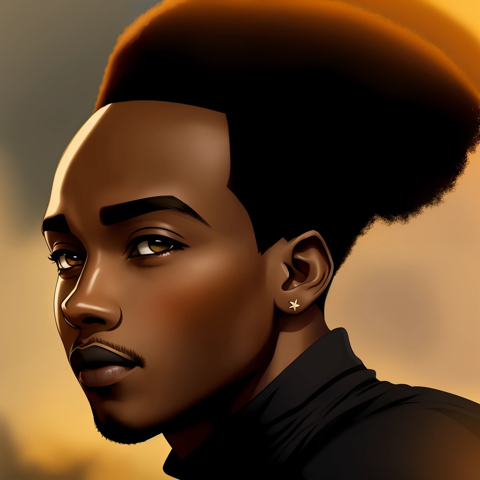 Um garoto de , pele negra, art style anime, cabelo preto afro, olhos amarelos e roupa preta