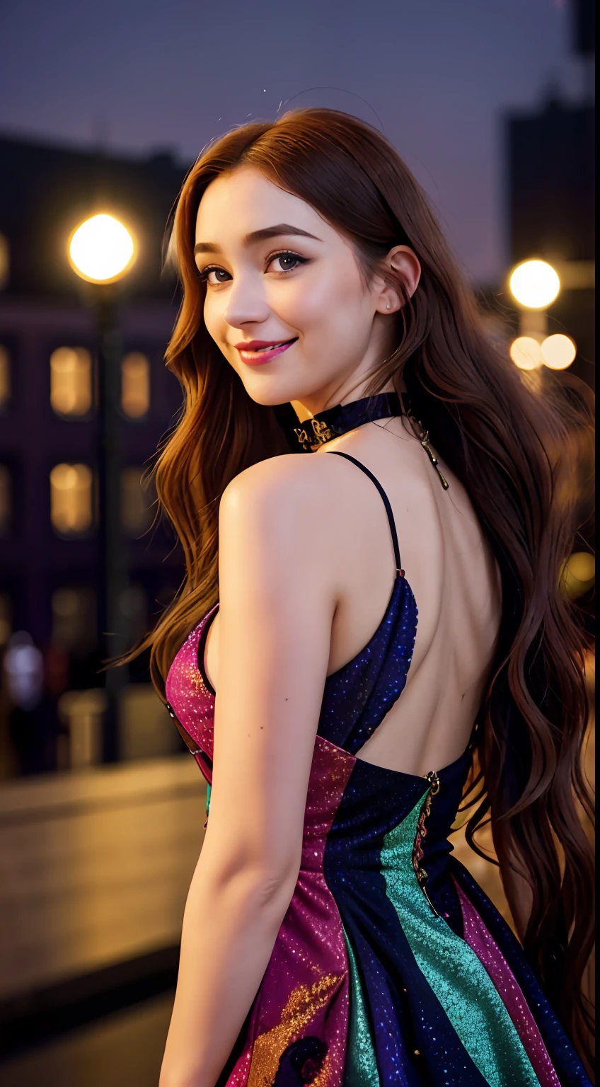 The back of a pale woman with long curly brown hair, Griffindo Witches, freckle, choker necklace (Colorful high-end dresses) (massive breasts:1.2), (holding a wand:1.1) (black eyeshadows), (Evening city neon in the background), (That hand was on her, (character  design：greg rutkovsky、ilya kuvshinov and artgerm:0.5), (Laugh happily:1.1), (Focus on the eyes), Key light, (Natural light), Soft focus, Harry Potter photography, (Visible pores:0.3) (highdetailskin:0.9), 4K high quality,